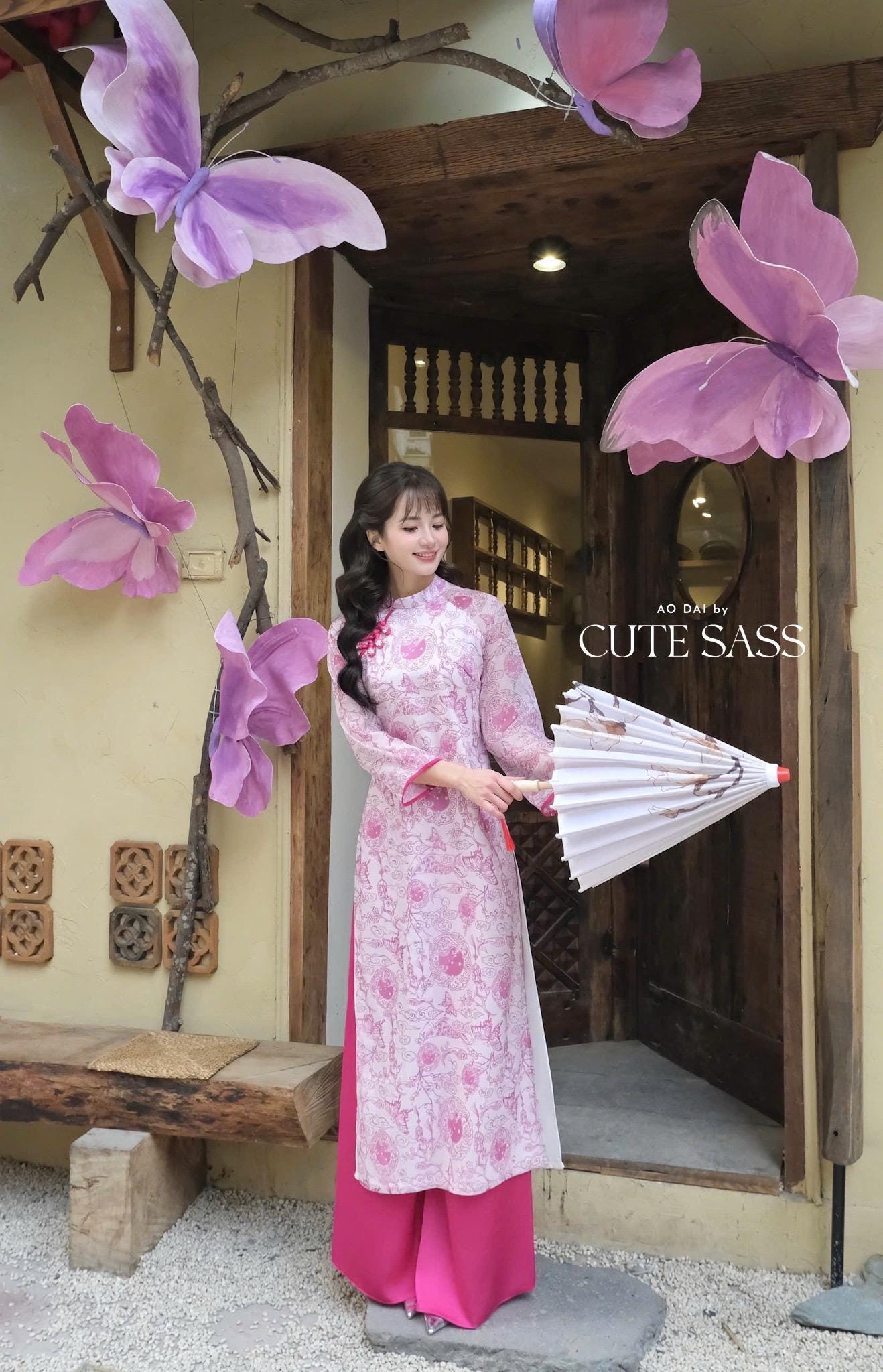 Pink Printed Koi Bows Ao Dai Set 6D| Pre-made Traditional Vietnamese Ao Dai | Women Ao Dai with Pants|Lunar New Year| AoDaibyCuteSass