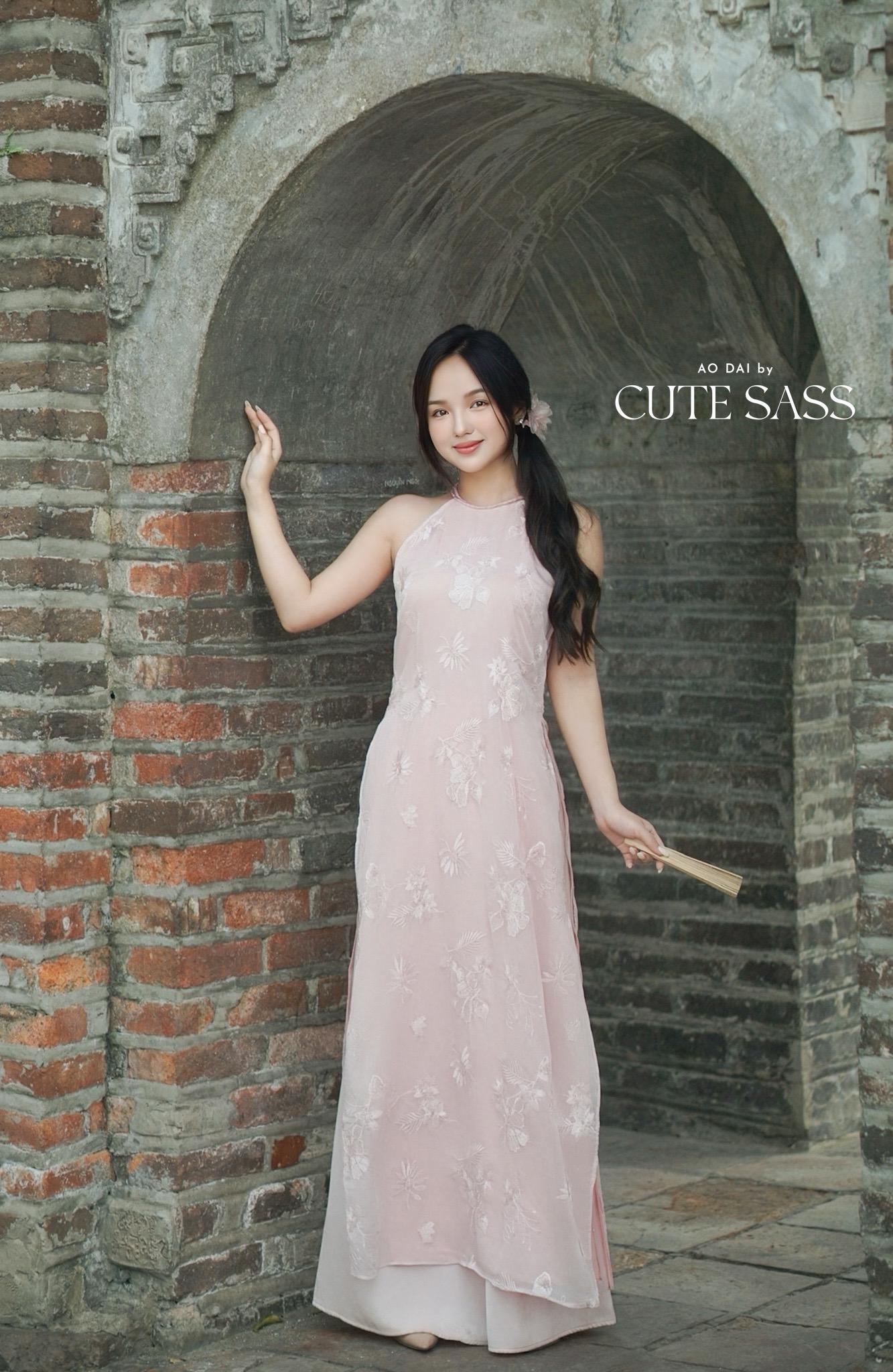 Yen - Shifted Pink Petal Plait Braided Neckline Yem-Inspired Ao Dai Top Only, No Pants|Pre-made Modernized Vietnamese Ao Dai| Lunar New Year AoDaibyCuteSass