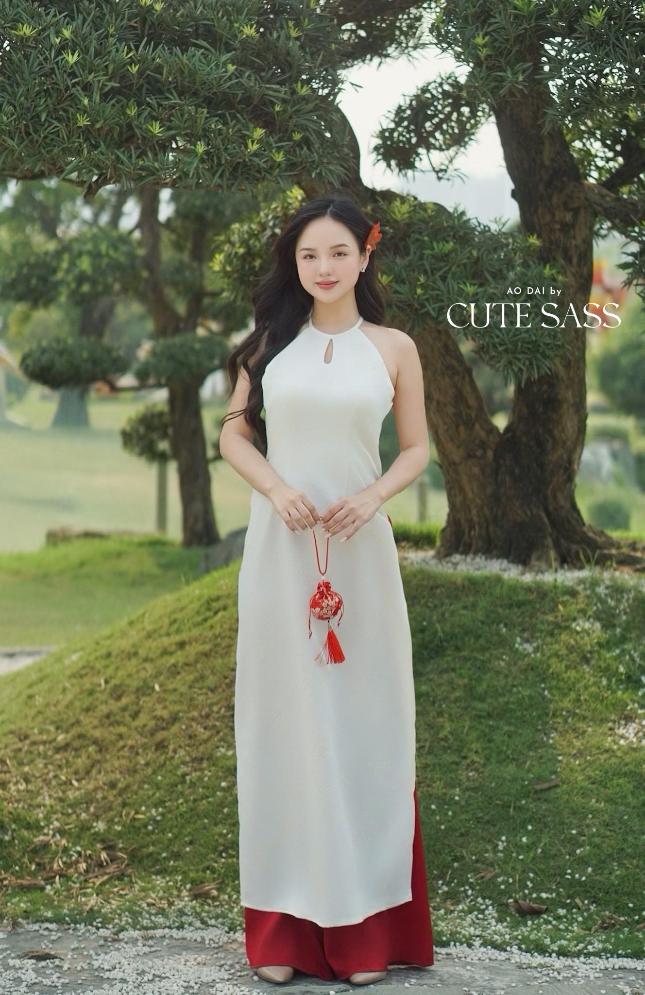 Yen - White Luna Whisper Cut Out Yem-Inspired Ao Dai Top Only, No Pants| Pre-made Modernized Vietnamese Ao Dai| Lunar New Year AoDaibyCuteSass