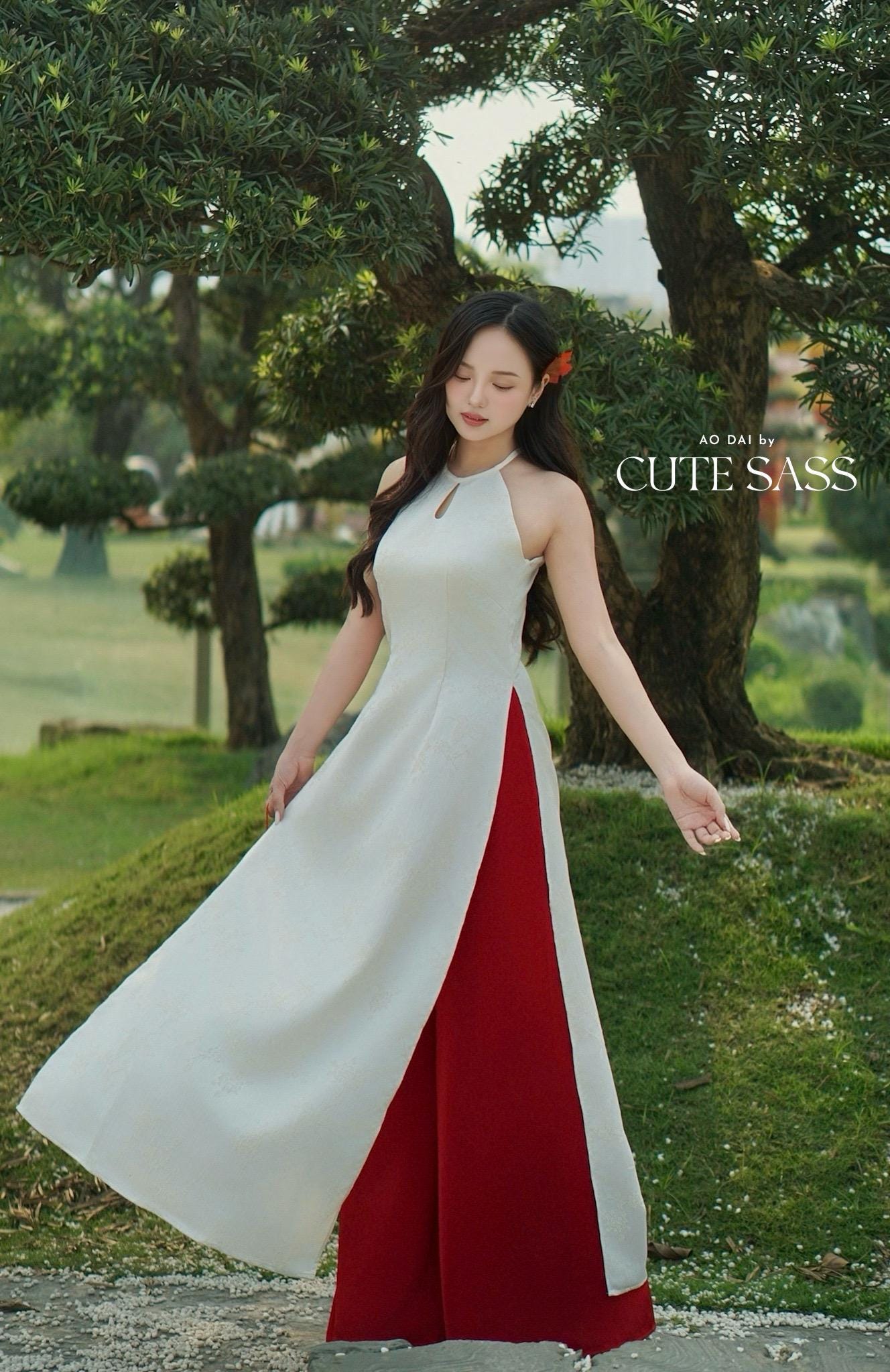 Yen - White Luna Whisper Cut Out Yem-Inspired Ao Dai Top Only, No Pants| Pre-made Modernized Vietnamese Ao Dai| Lunar New Year AoDaibyCuteSass