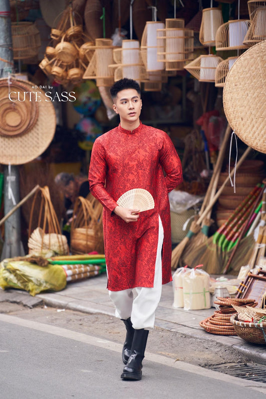 Men Red/Black Slit Ao Dai Top 42B | Pre-made Traditional Vietnamese Ao Dai| Lunar New Year | Ao Dai for Dad, Boy |Ao Dai Tet| AoDaibyCuteSass