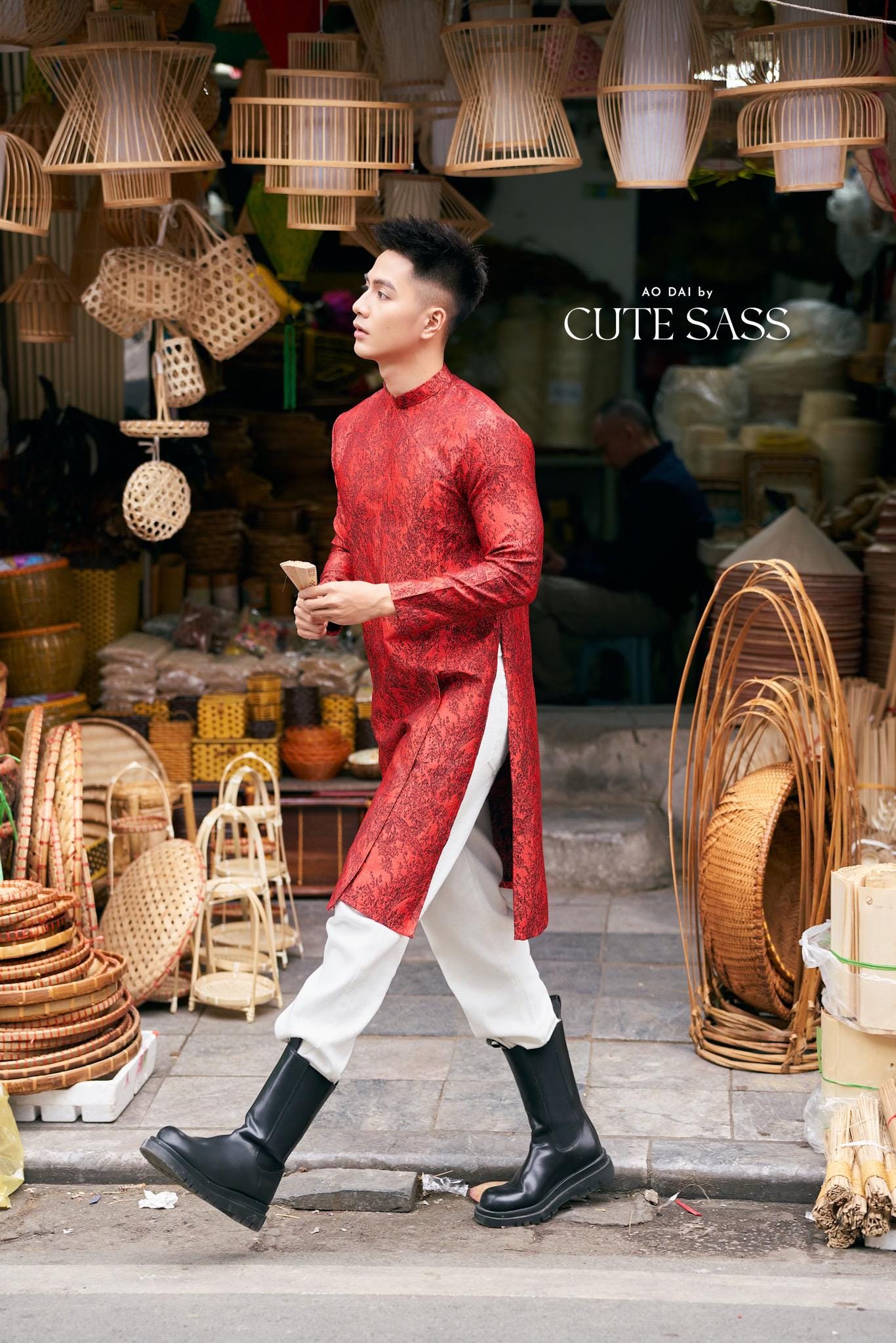 Men Red/Black Slit Ao Dai Top 42B | Pre-made Traditional Vietnamese Ao Dai| Lunar New Year | Ao Dai for Dad, Boy |Ao Dai Tet| AoDaibyCuteSass