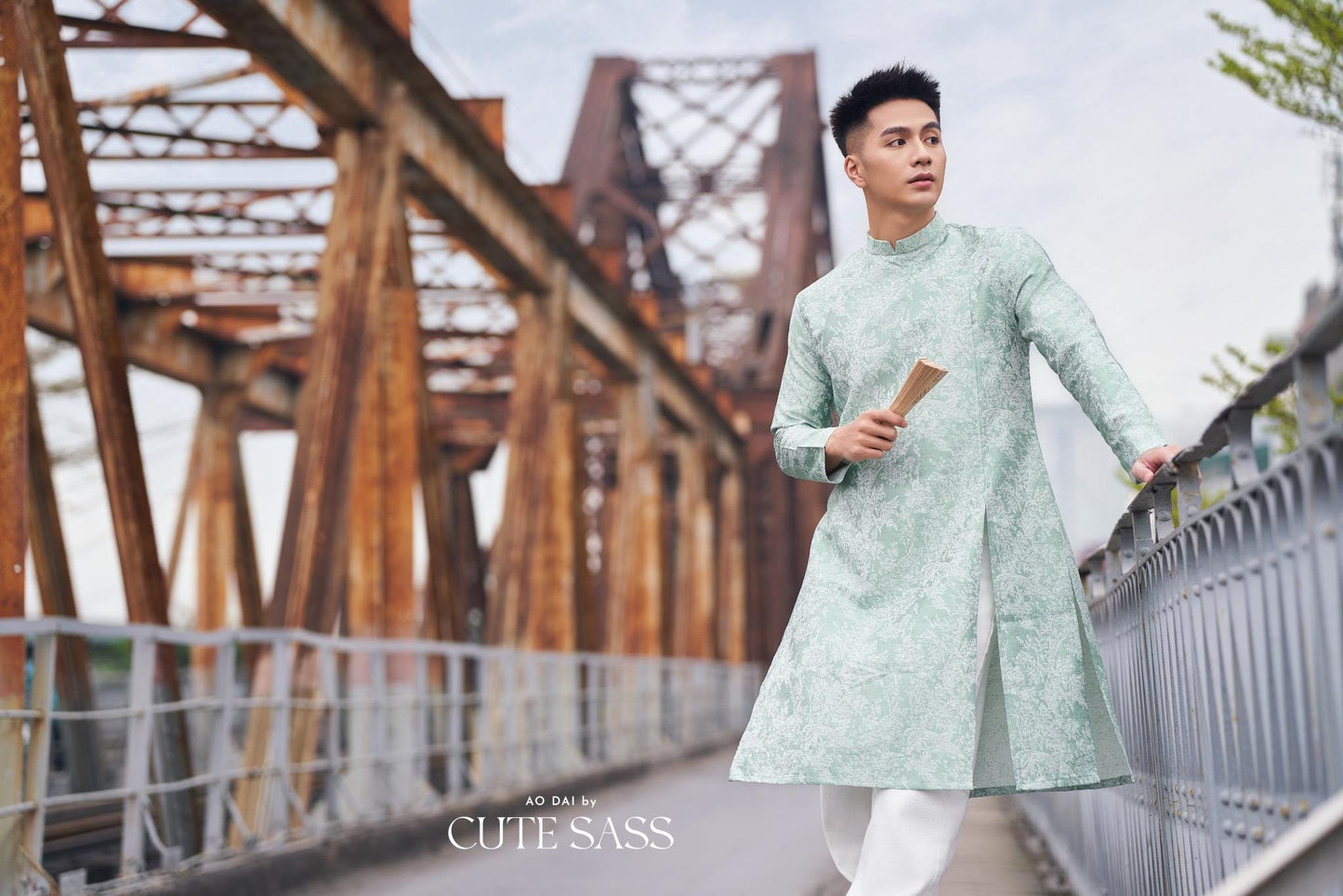 Men Cyan/White Slit Ao Dai Top 42B | Pre-made Traditional Vietnamese Ao Dai| Lunar New Year | Ao Dai for Dad, Boy |Ao Dai Tet| AoDaibyCuteSass
