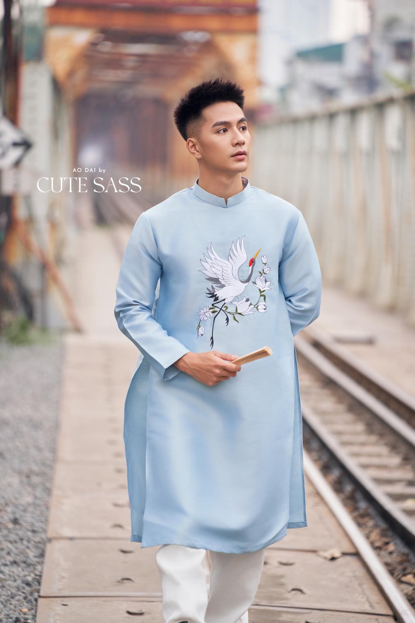 Men Blue Embroidery Bird Ao Dai Top 43C | Pre-made Traditional Vietnamese Ao Dai| Lunar New Year | Ao Dai for Dad, Boy |Ao Dai Tet| AoDaibyCuteSass