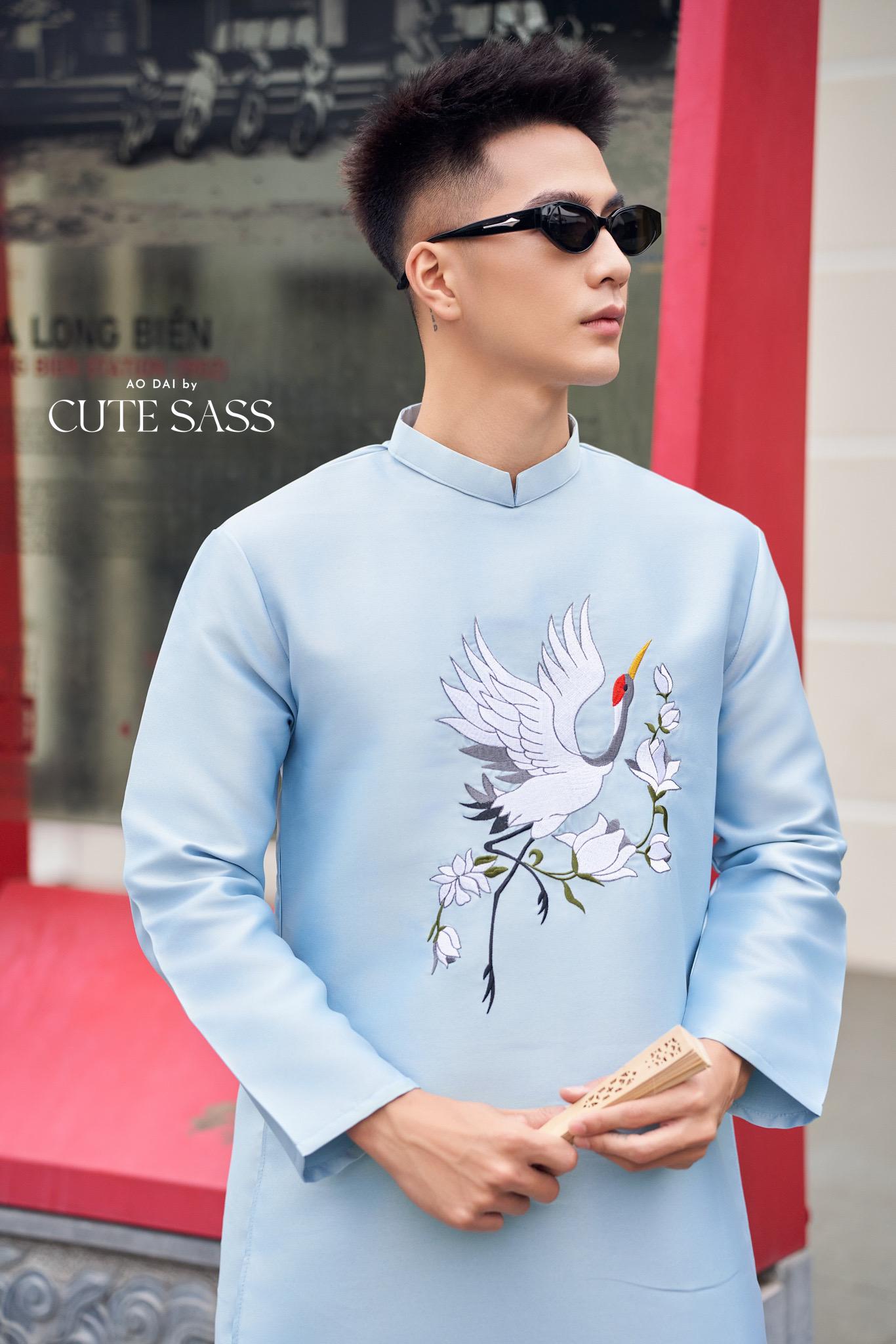 Men Blue Embroidery Bird Ao Dai Top 43C | Pre-made Traditional Vietnamese Ao Dai| Lunar New Year | Ao Dai for Dad, Boy |Ao Dai Tet| AoDaibyCuteSass