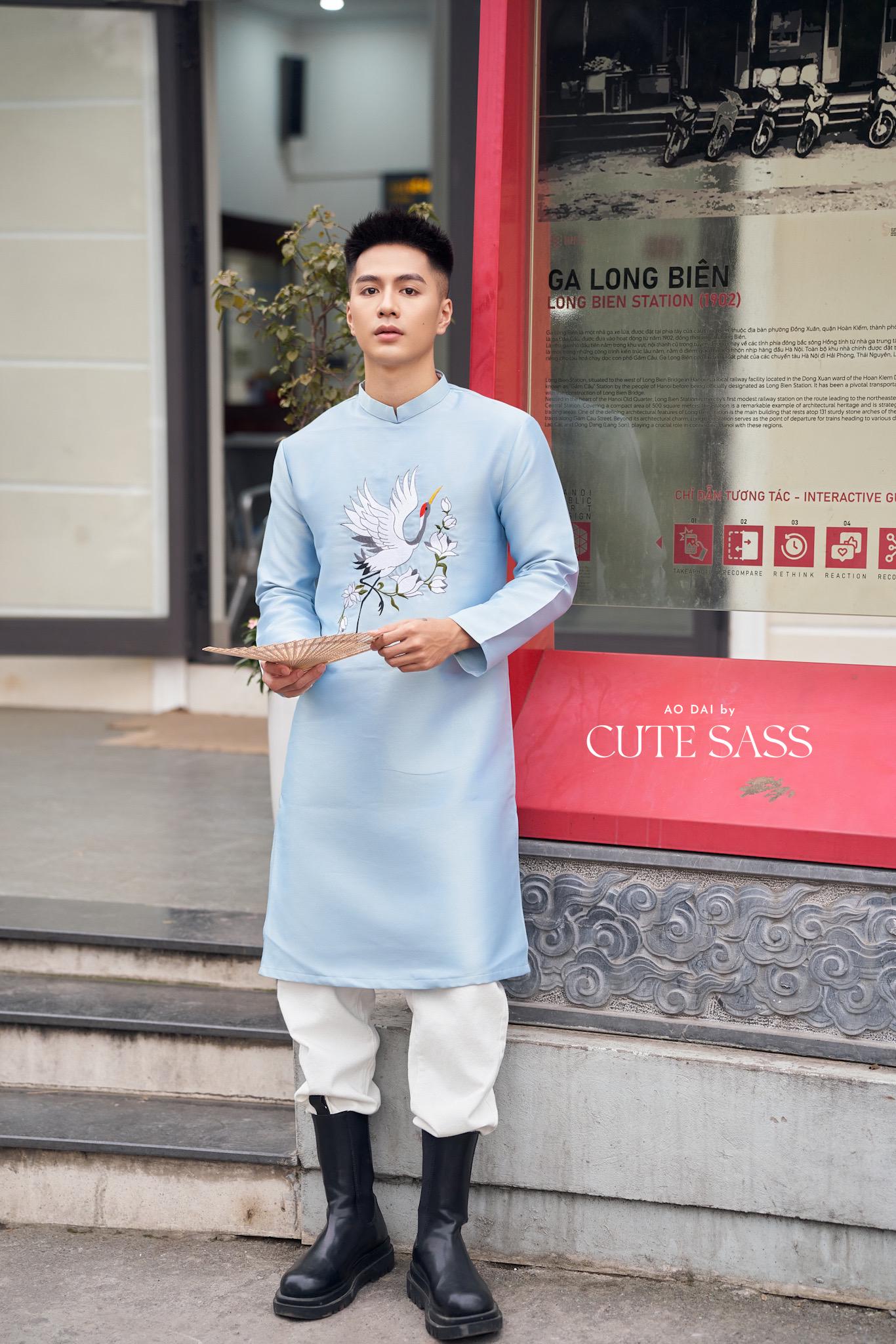 Men Blue Embroidery Bird Ao Dai Top 43C | Pre-made Traditional Vietnamese Ao Dai| Lunar New Year | Ao Dai for Dad, Boy |Ao Dai Tet| AoDaibyCuteSass
