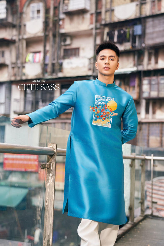 Men Turquoise Embroidery Mai Ao Dai Top 44B | Pre-made Traditional Vietnamese Ao Dai| Lunar New Year | Ao Dai for Dad, Boy |Ao Dai Tet| AoDaibyCuteSass