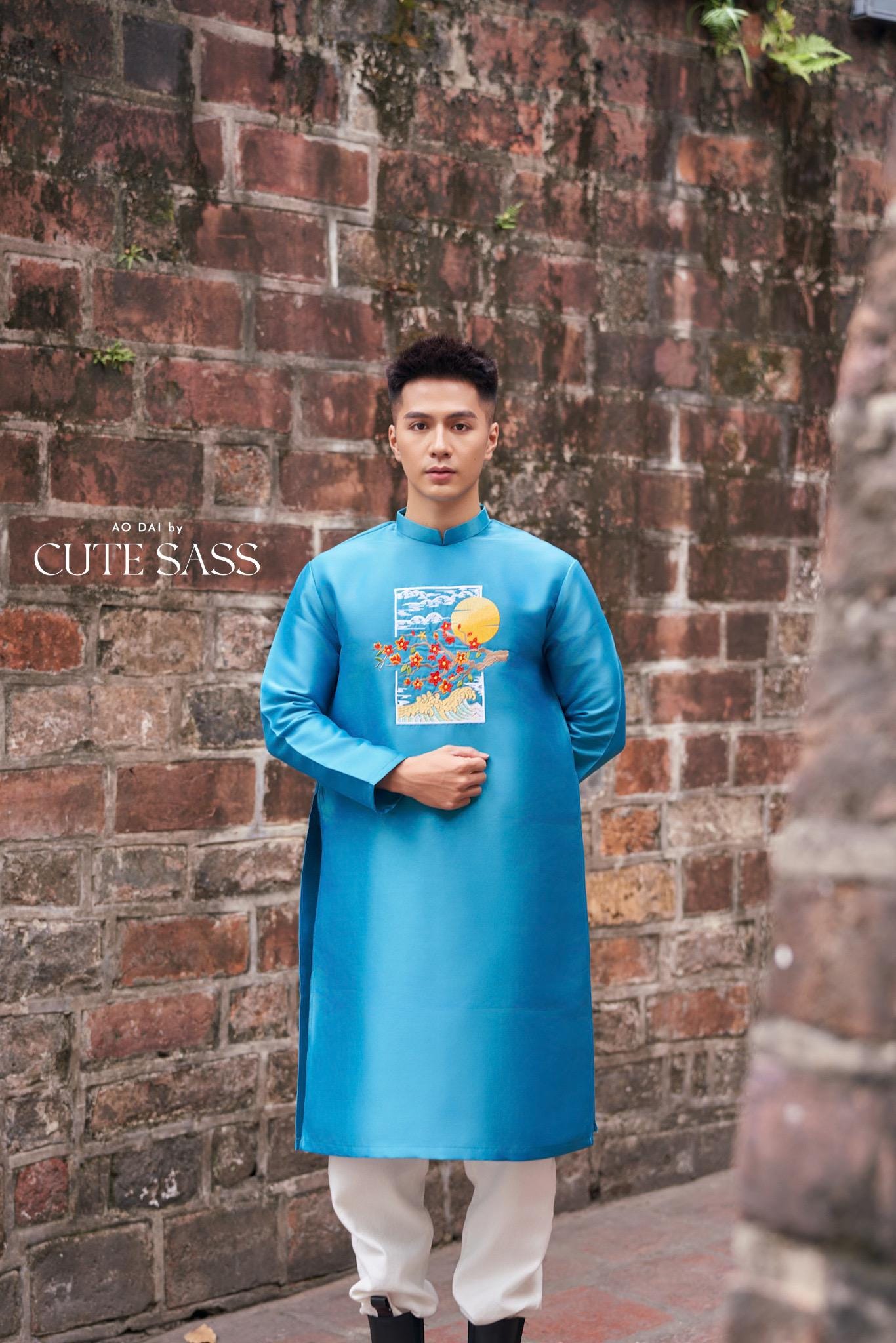 Men Turquoise Embroidery Mai Ao Dai Top 44B | Pre-made Traditional Vietnamese Ao Dai| Lunar New Year | Ao Dai for Dad, Boy |Ao Dai Tet| AoDaibyCuteSass