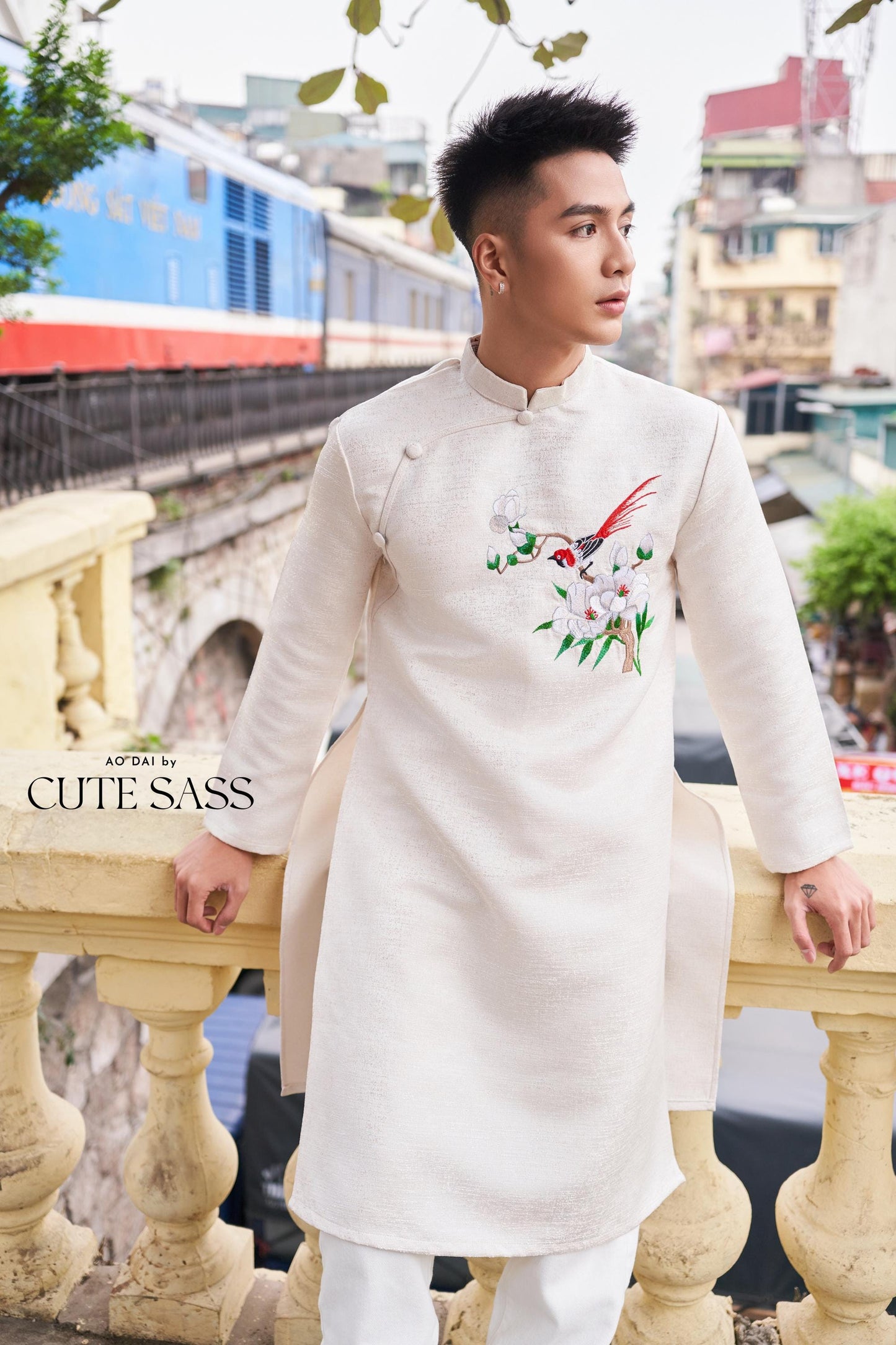Men White Embroidery Sparrow Ao Dai Top 43B | Pre-made Traditional Vietnamese Ao Dai| Lunar New Year | Ao Dai for Dad, Boy |Ao Dai Tet| AoDaibyCuteSass