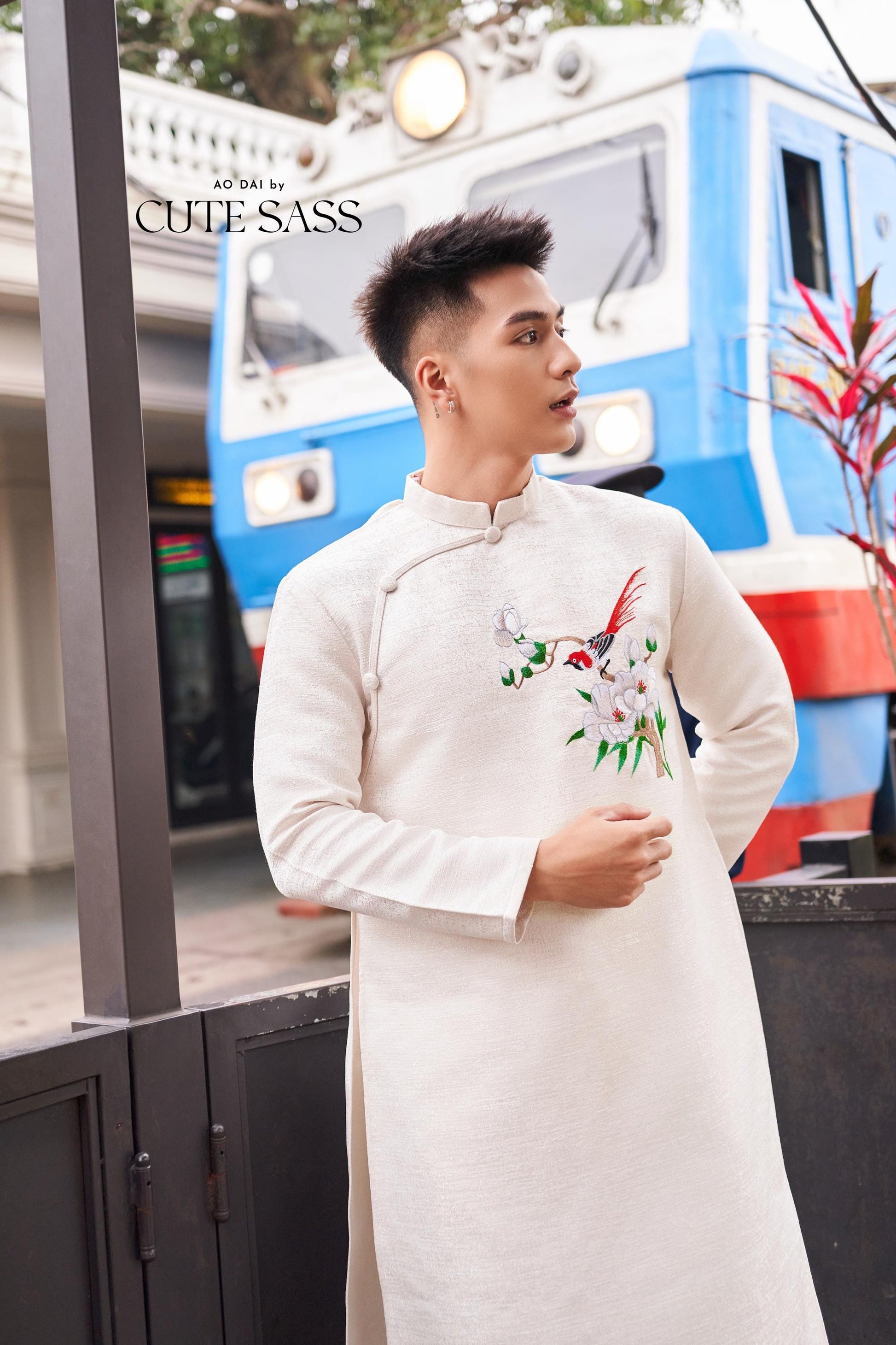 Men White Embroidery Sparrow Ao Dai Top 43B | Pre-made Traditional Vietnamese Ao Dai| Lunar New Year | Ao Dai for Dad, Boy |Ao Dai Tet| AoDaibyCuteSass
