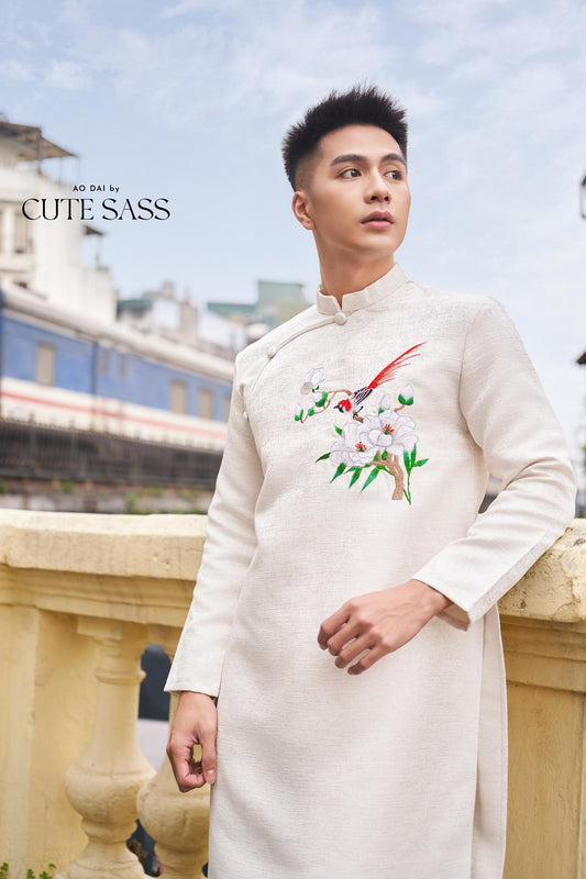 Men White Embroidery Sparrow Ao Dai Top 43B | Pre-made Traditional Vietnamese Ao Dai| Lunar New Year | Ao Dai for Dad, Boy |Ao Dai Tet| AoDaibyCuteSass