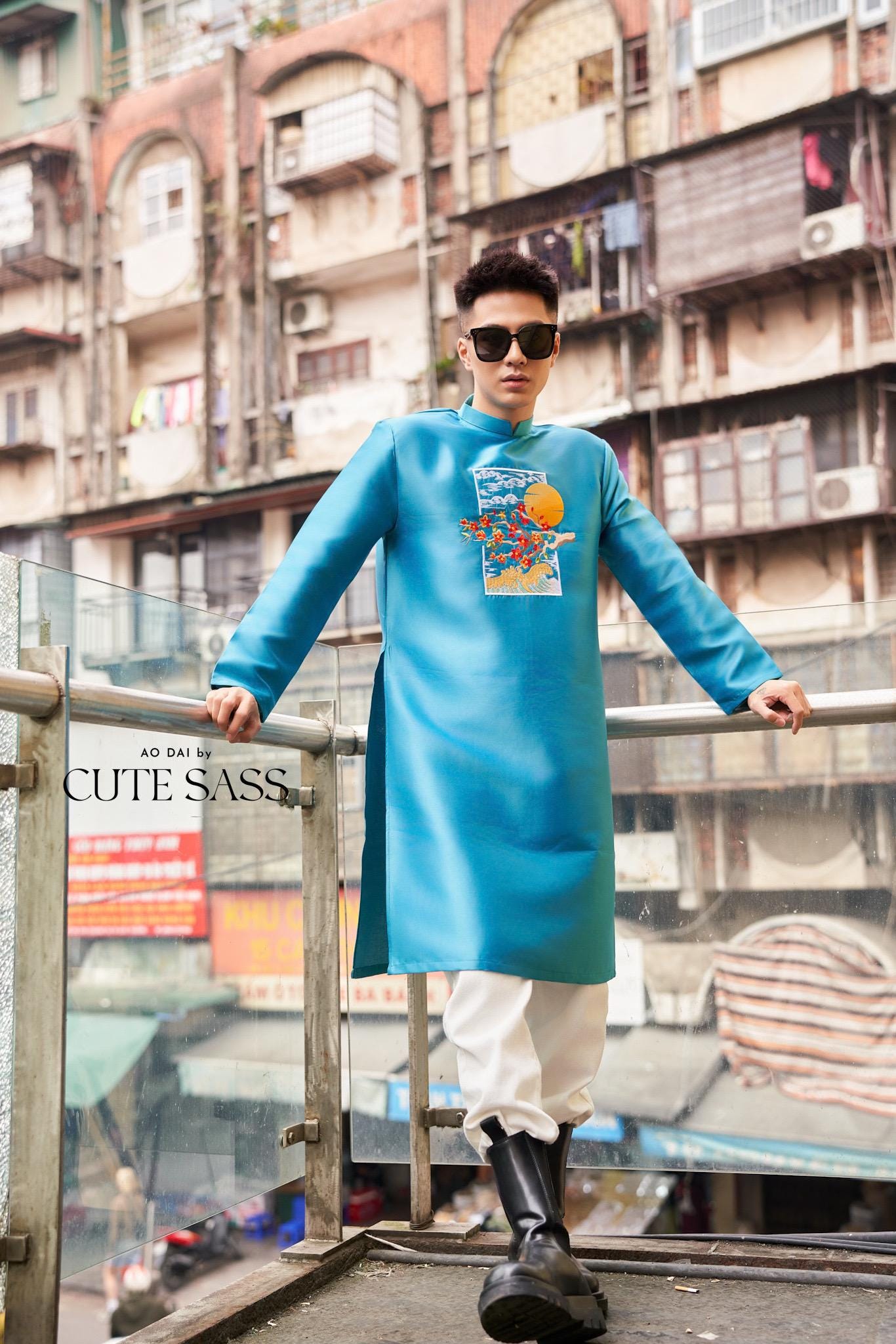 Men Turquoise Embroidery Mai Ao Dai Top 44B | Pre-made Traditional Vietnamese Ao Dai| Lunar New Year | Ao Dai for Dad, Boy |Ao Dai Tet| AoDaibyCuteSass