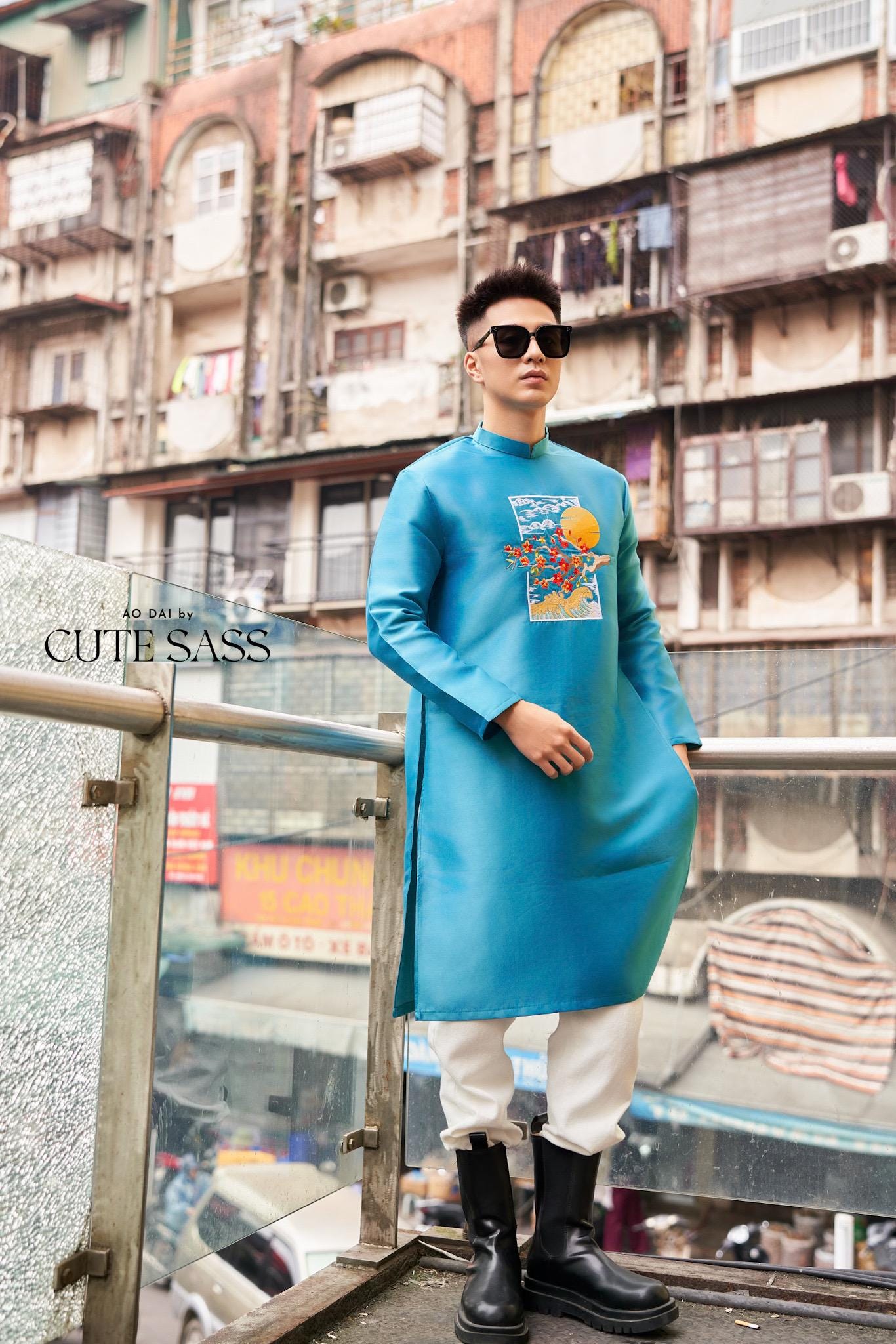 Men Turquoise Embroidery Mai Ao Dai Top 44B | Pre-made Traditional Vietnamese Ao Dai| Lunar New Year | Ao Dai for Dad, Boy |Ao Dai Tet| AoDaibyCuteSass