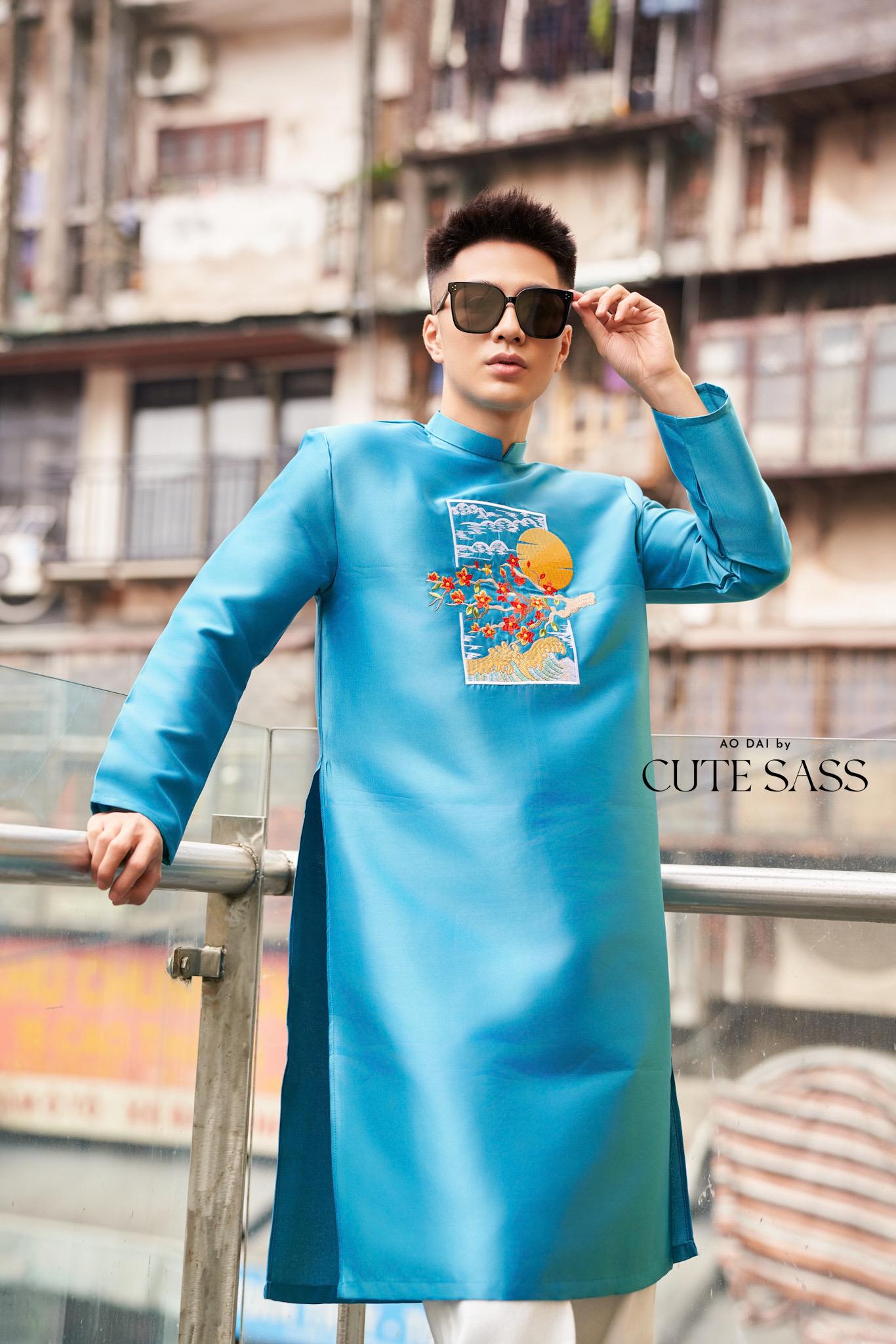 Men Turquoise Embroidery Mai Ao Dai Top 44B | Pre-made Traditional Vietnamese Ao Dai| Lunar New Year | Ao Dai for Dad, Boy |Ao Dai Tet| AoDaibyCuteSass