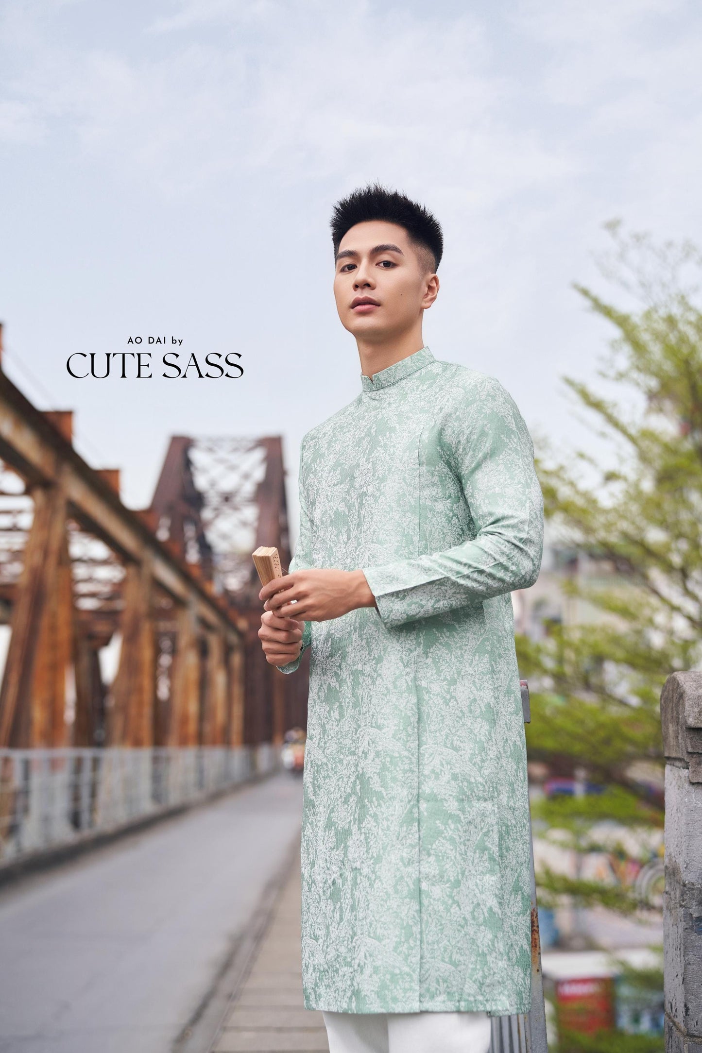 Men Cyan/White Slit Ao Dai Top 42B | Pre-made Traditional Vietnamese Ao Dai| Lunar New Year | Ao Dai for Dad, Boy |Ao Dai Tet| AoDaibyCuteSass