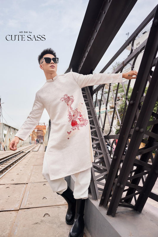 Men White Embroidery Dragon Ao Dai Top 6C | Pre-made Traditional Vietnamese Ao Dai| Lunar New Year | Ao Dai for Dad, Boy |Ao Dai Tet| AoDaibyCuteSass