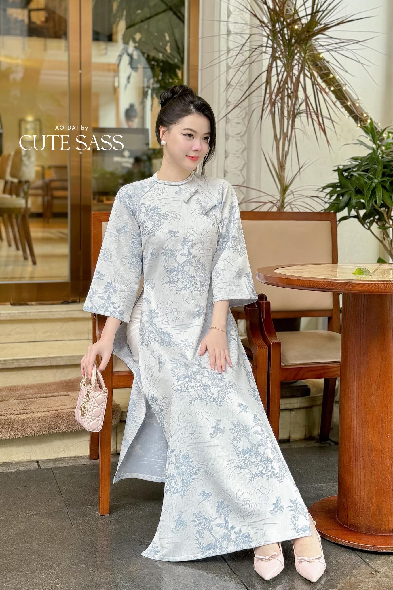 Yen - Silver/Blue Mountain Bows Ao Dai Top Only, No Pants |Pre-made Vietnamese Women Ao Dai with Pants | Lunar New Year|Ao Dai Cach Tan AoDaibyCuteSass
