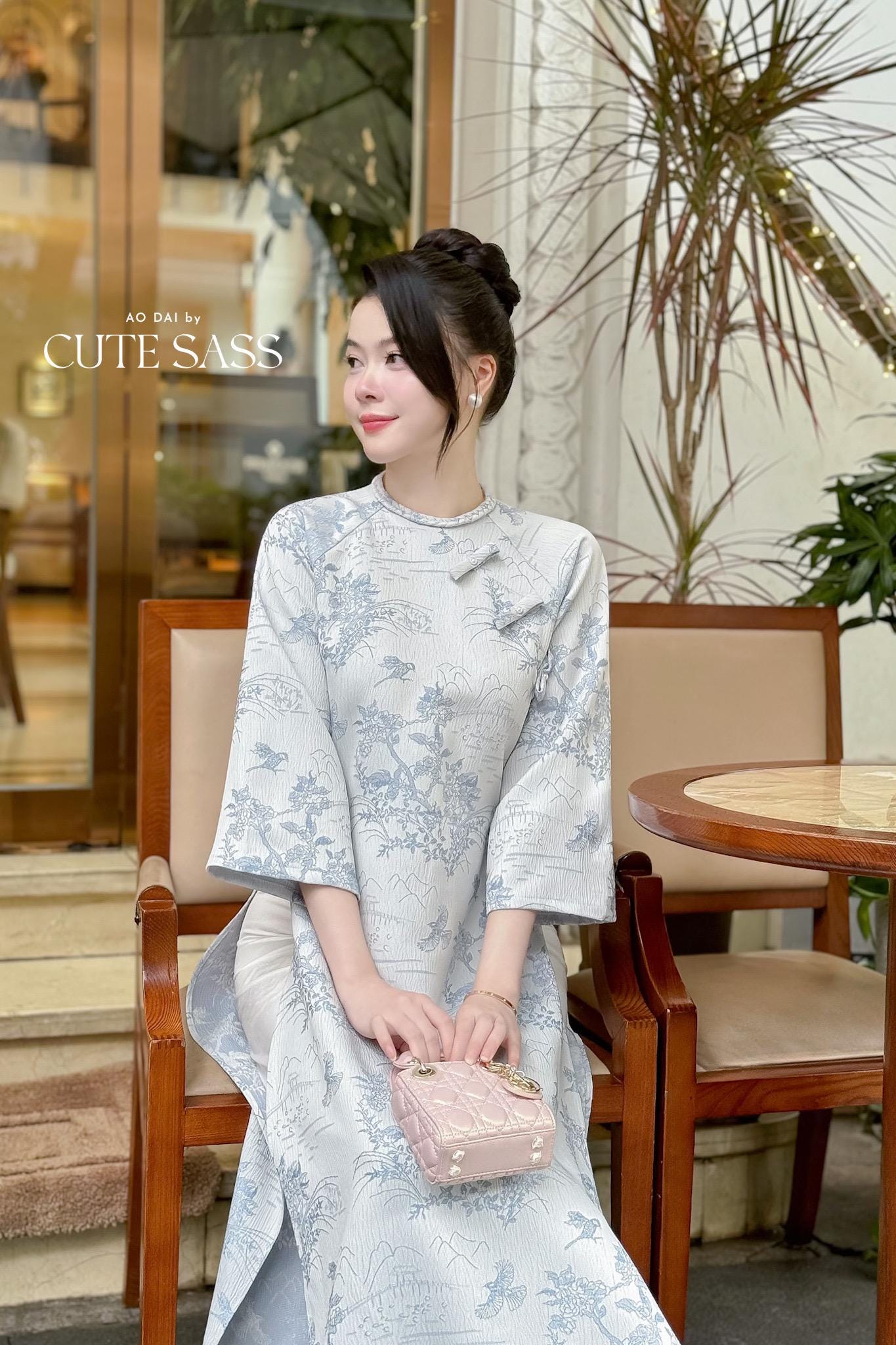 Yen - Silver/Blue Mountain Bows Ao Dai Top Only, No Pants |Pre-made Vietnamese Women Ao Dai with Pants | Lunar New Year|Ao Dai Cach Tan AoDaibyCuteSass