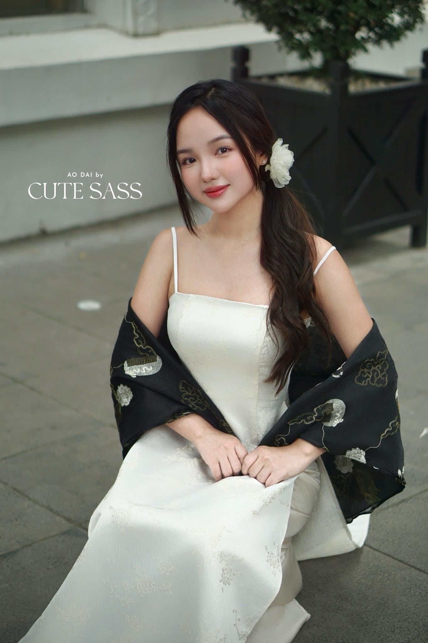 Yen - White Luna Chic Spaghetti Strap Ao Dai Top Only, No Pants| Pre-made Modernized Vietnamese Ao Dai| Lunar New Year AoDaibyCuteSass