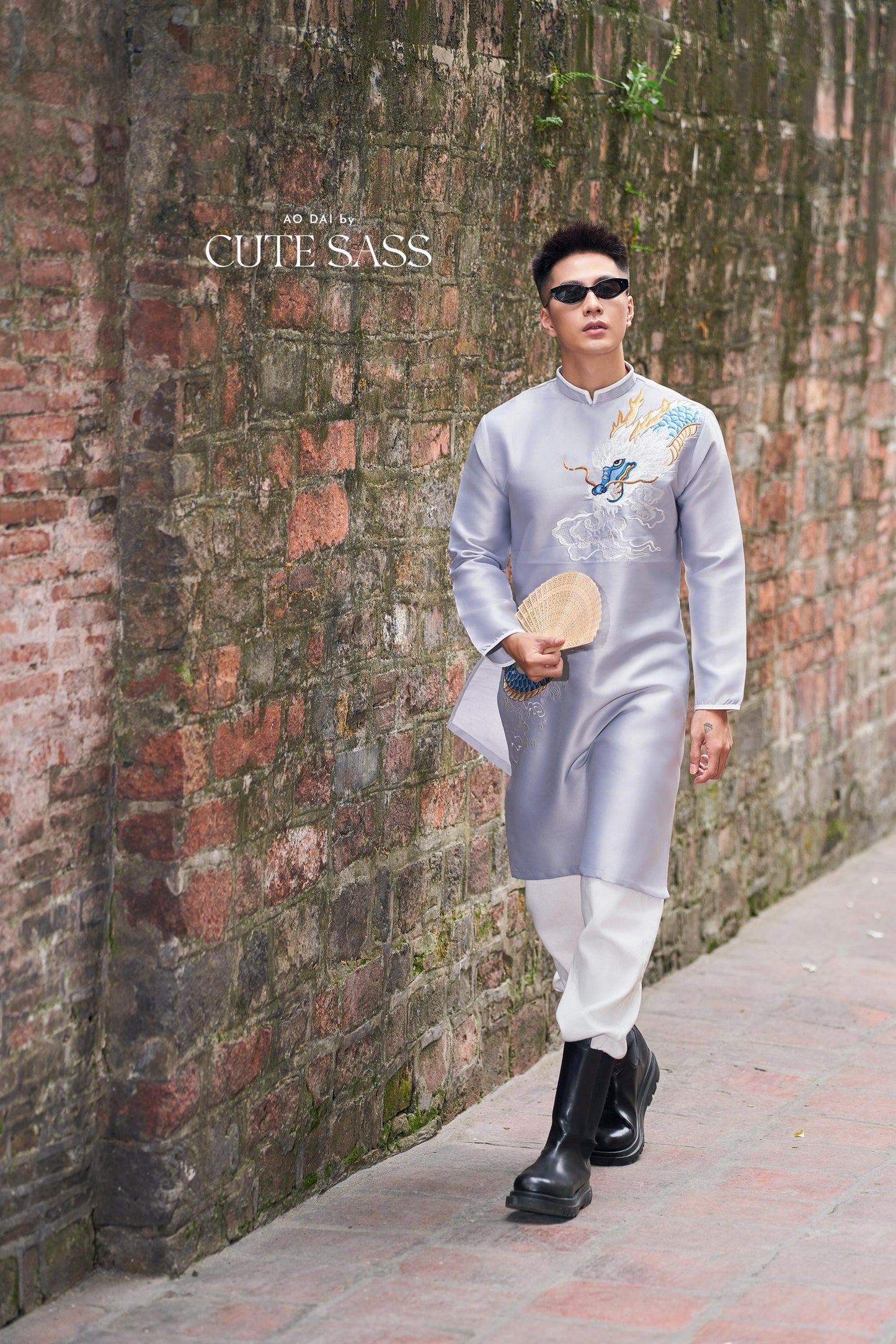 Men Gray Embroidery Dragon Ao Dai Top 44B | Pre-made Traditional Vietnamese Ao Dai| Lunar New Year | Ao Dai for Dad, Boy |Ao Dai Tet| AoDaibyCuteSass