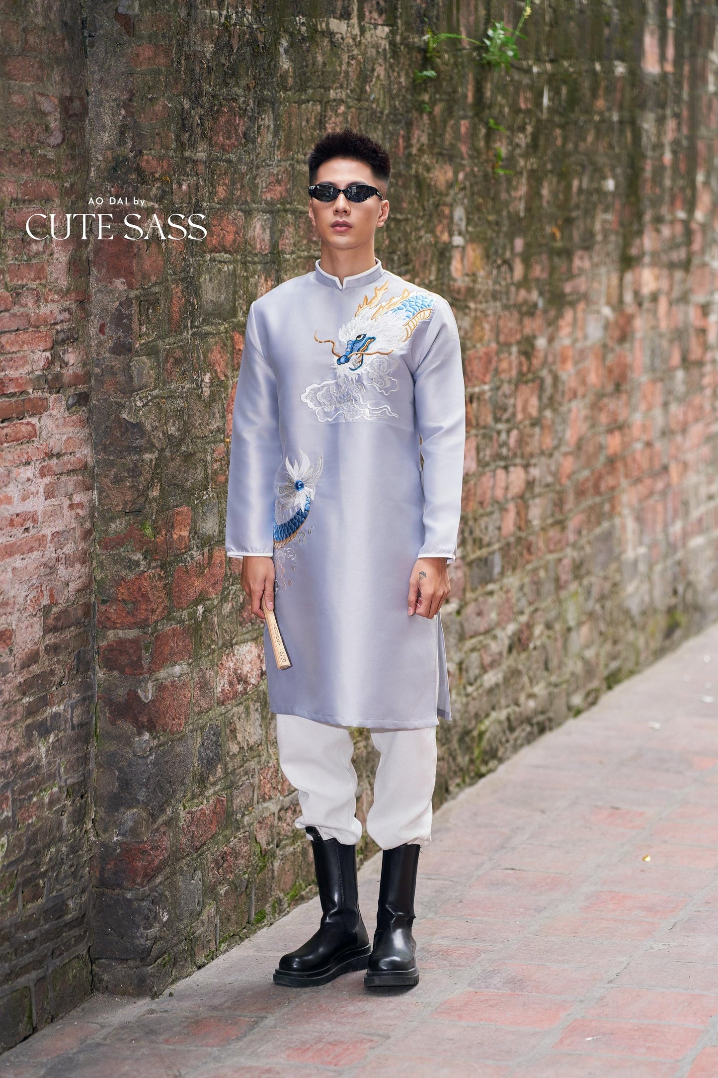 Men Gray Embroidery Dragon Ao Dai Top 44B | Pre-made Traditional Vietnamese Ao Dai| Lunar New Year | Ao Dai for Dad, Boy |Ao Dai Tet| AoDaibyCuteSass
