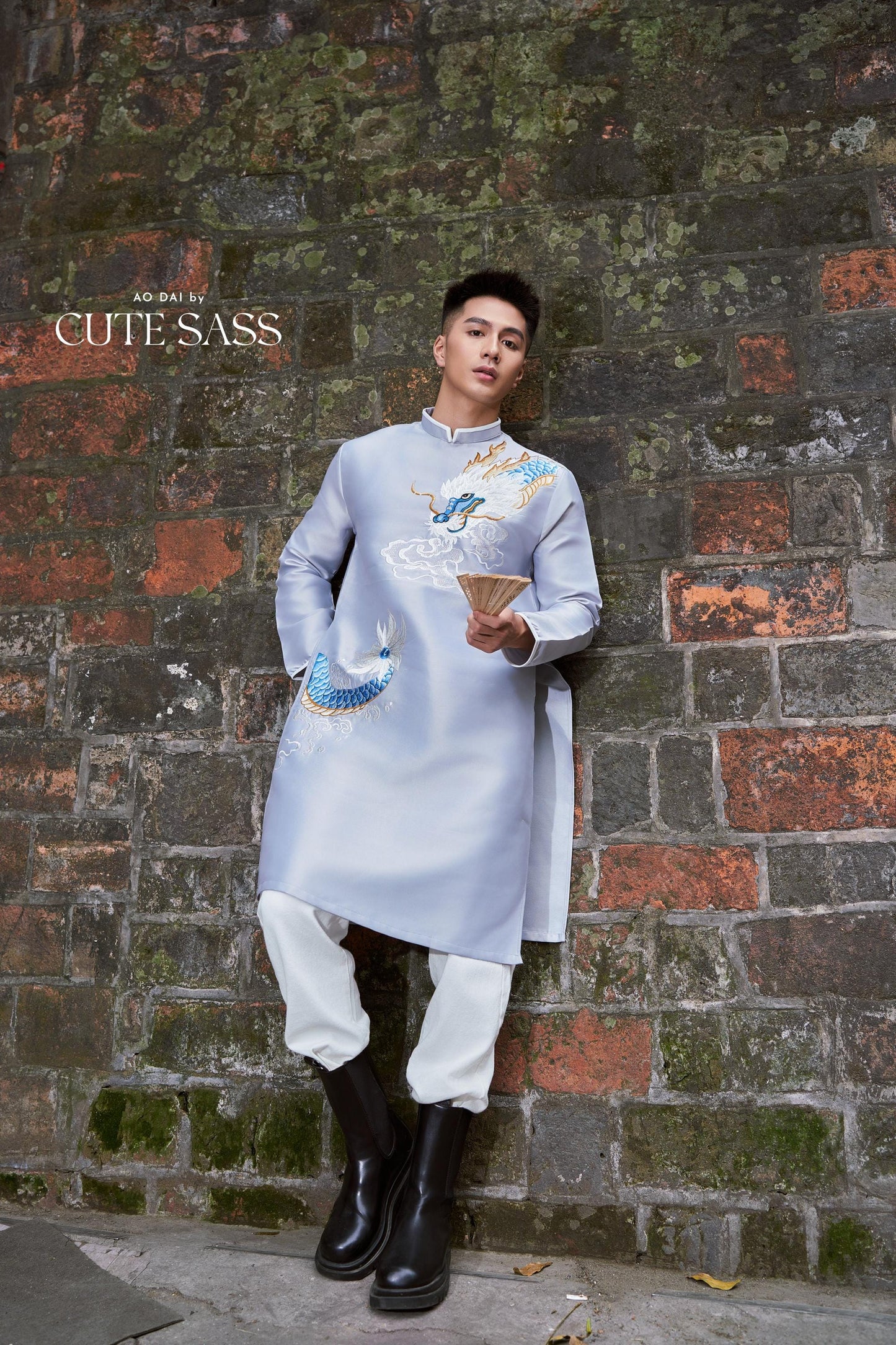 Men Gray Embroidery Dragon Ao Dai Top 44B | Pre-made Traditional Vietnamese Ao Dai| Lunar New Year | Ao Dai for Dad, Boy |Ao Dai Tet| AoDaibyCuteSass