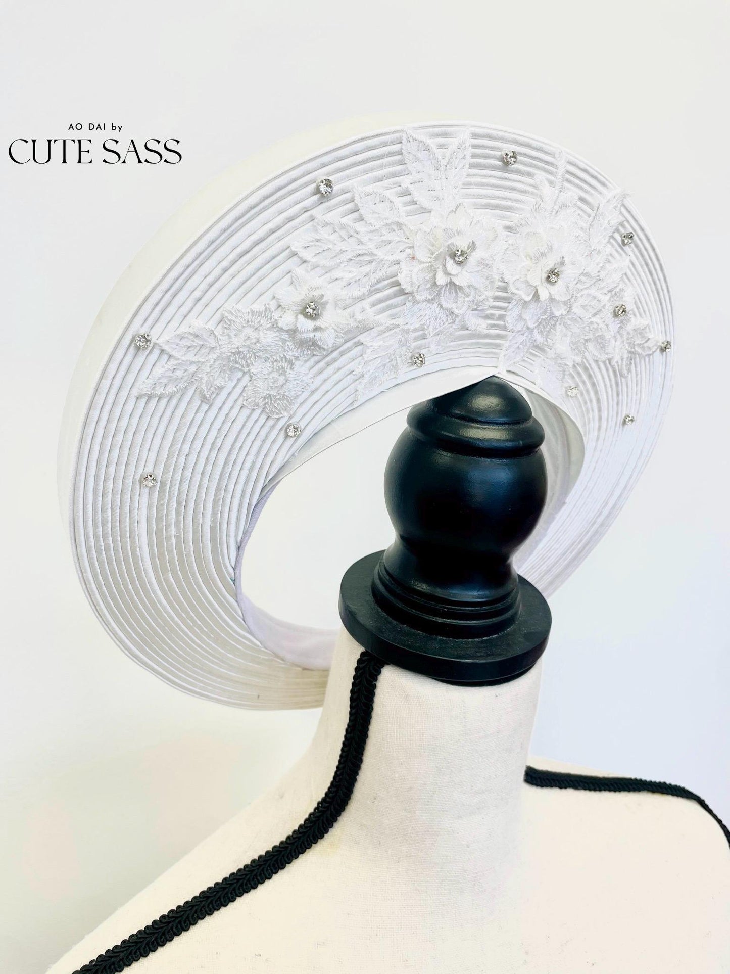 White Jeweled Diamond Lace Floral Khan Vanh - Round Head Piece | Vietnamese Ao Dai Accessories | Khan Dong | Vietnamese Ao Dai Wedding AoDaibyCuteSass