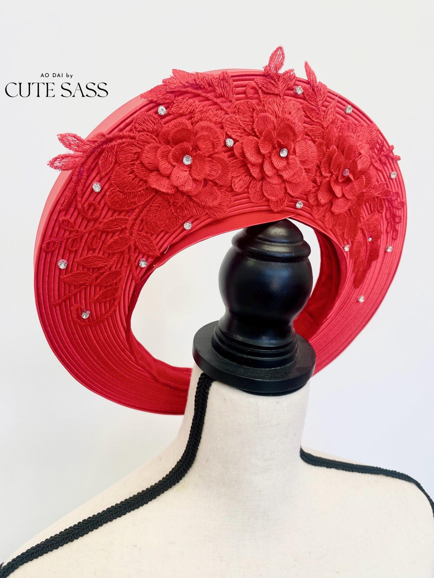 Red Floral Lace Pearl Khan Vanh - Round Head Piece | Vietnamese Ao Dai Accessories | Khan Dong | Vietnamese Ao Dai Wedding Accessory AoDaibyCuteSass