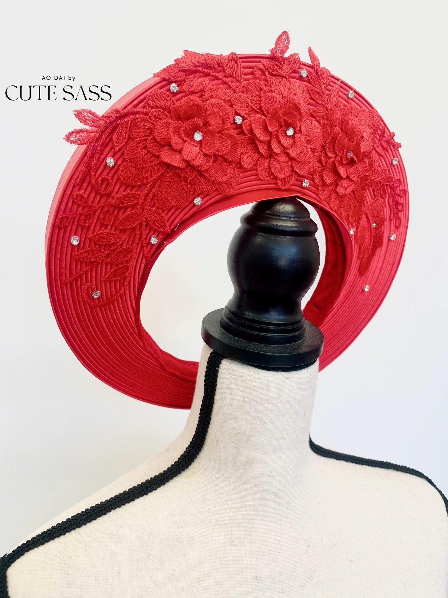 Red Floral Lace Pearl Khan Vanh - Round Head Piece | Vietnamese Ao Dai Accessories | Khan Dong | Vietnamese Ao Dai Wedding Accessory AoDaibyCuteSass