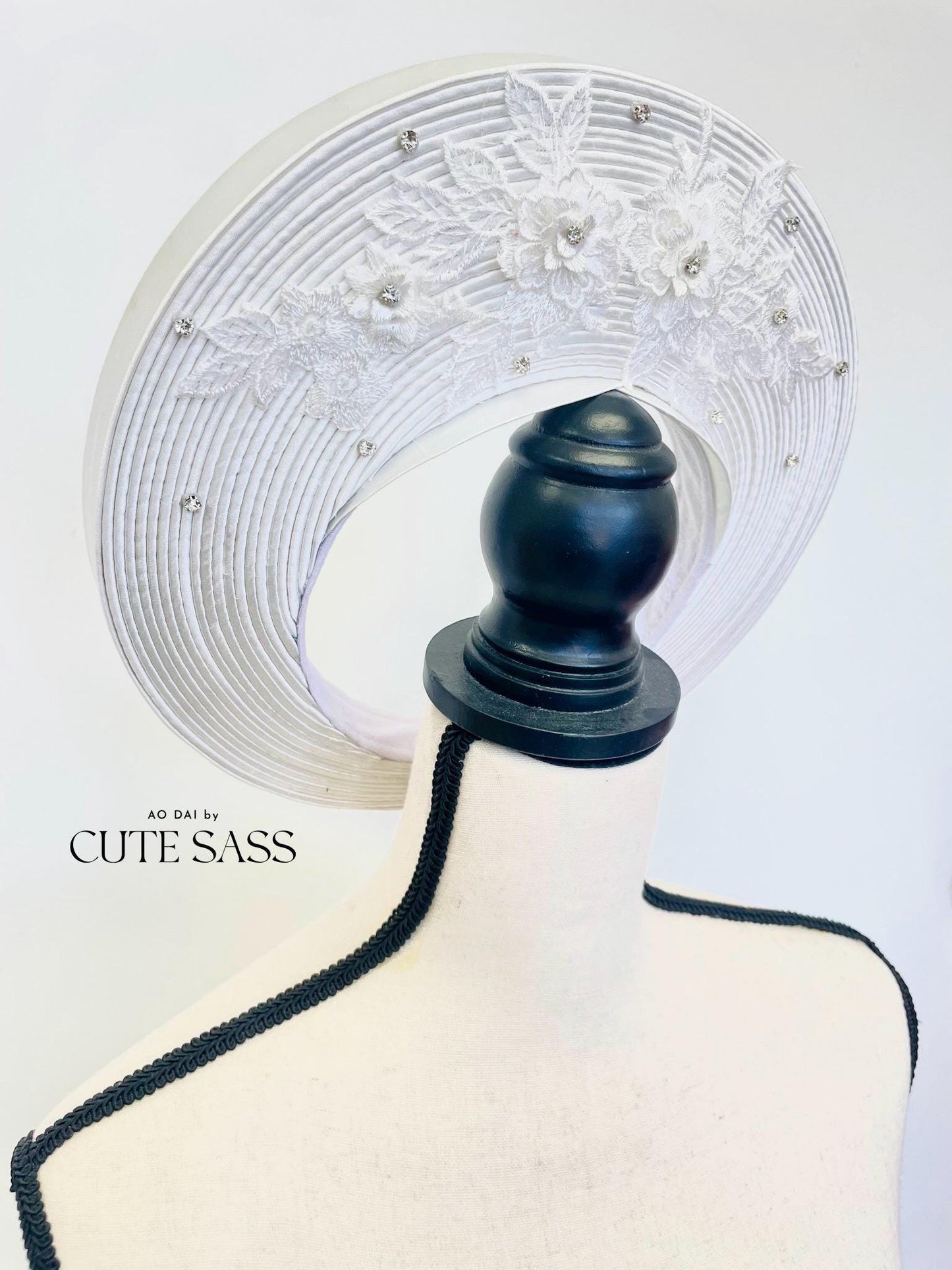 White Jeweled Diamond Lace Floral Khan Vanh - Round Head Piece | Vietnamese Ao Dai Accessories | Khan Dong | Vietnamese Ao Dai Wedding AoDaibyCuteSass