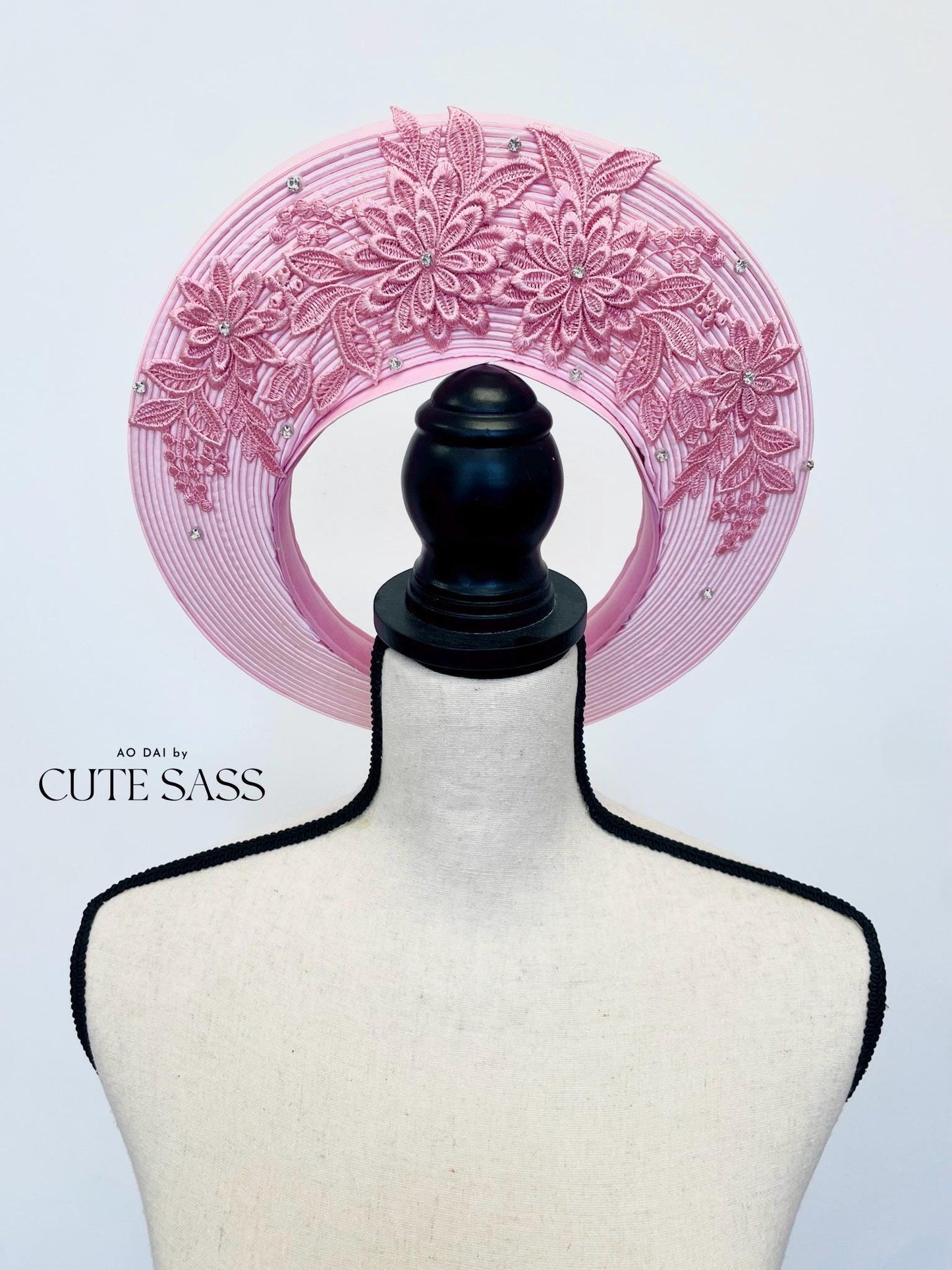 Pink Jeweled Diamond Lace Floral Khan Vanh - Round Head Piece | Vietnamese Ao Dai Accessories | Khan Dong | Vietnamese Ao Dai Wedding AoDaibyCuteSass