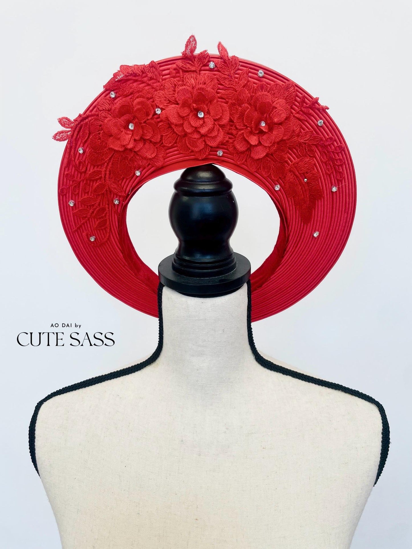 Red Floral Lace Pearl Khan Vanh - Round Head Piece | Vietnamese Ao Dai Accessories | Khan Dong | Vietnamese Ao Dai Wedding Accessory AoDaibyCuteSass