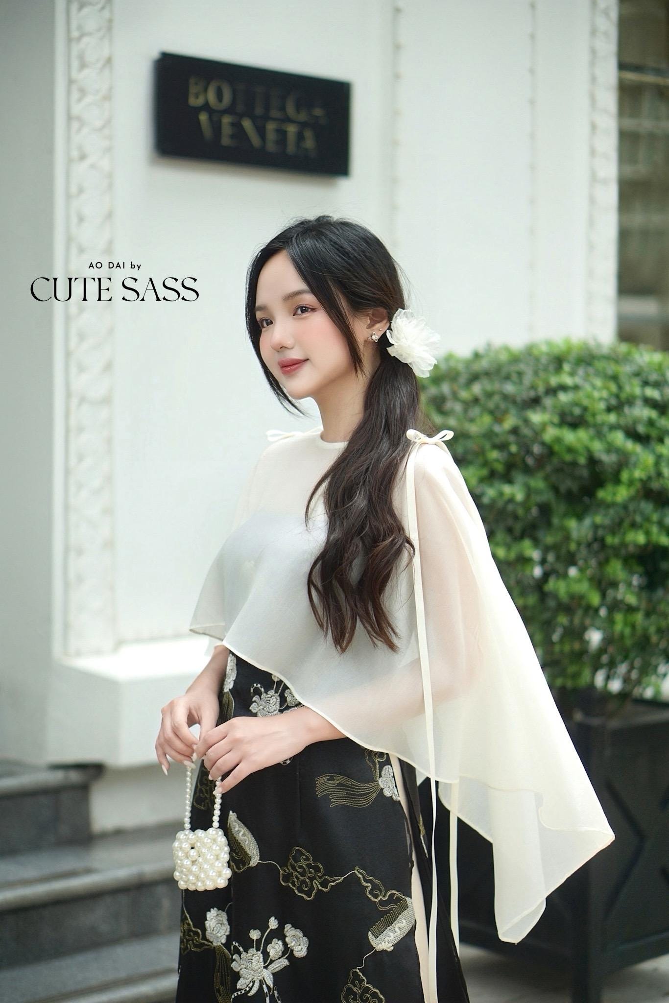 Yen - Black/Gold Eclipse Spaghetti Strap Ao Dai Top with Cape, No Pants, No Bows| Pre-made Modernized Vietnamese Ao Dai| Lunar New Year AoDaibyCuteSass