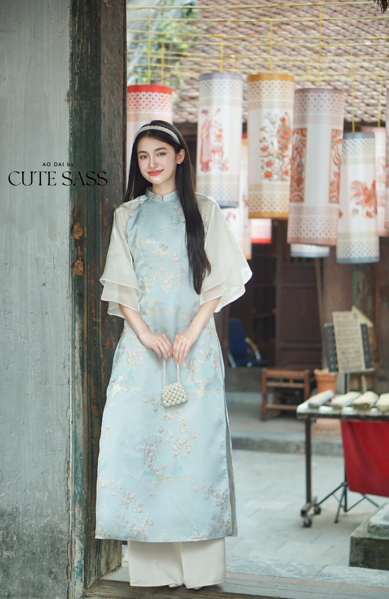 Yen - Blue Heirloom Sheer Sleeves Ao Dai Top Only, No Pants| Pre-made Modernized Vietnamese Ao Dai| Lunar New Year AoDaibyCuteSass
