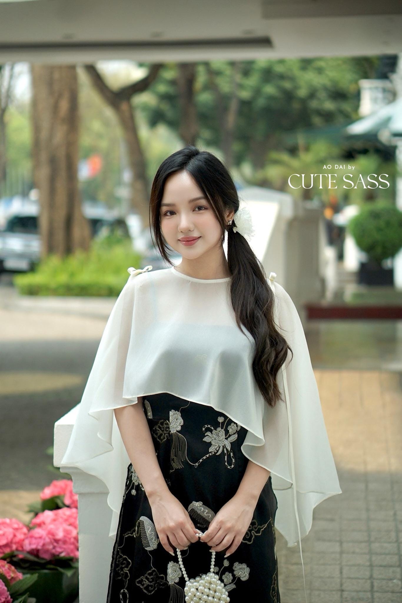 Yen - Black/Gold Eclipse Spaghetti Strap Ao Dai Top with Cape, No Pants, No Bows| Pre-made Modernized Vietnamese Ao Dai| Lunar New Year AoDaibyCuteSass