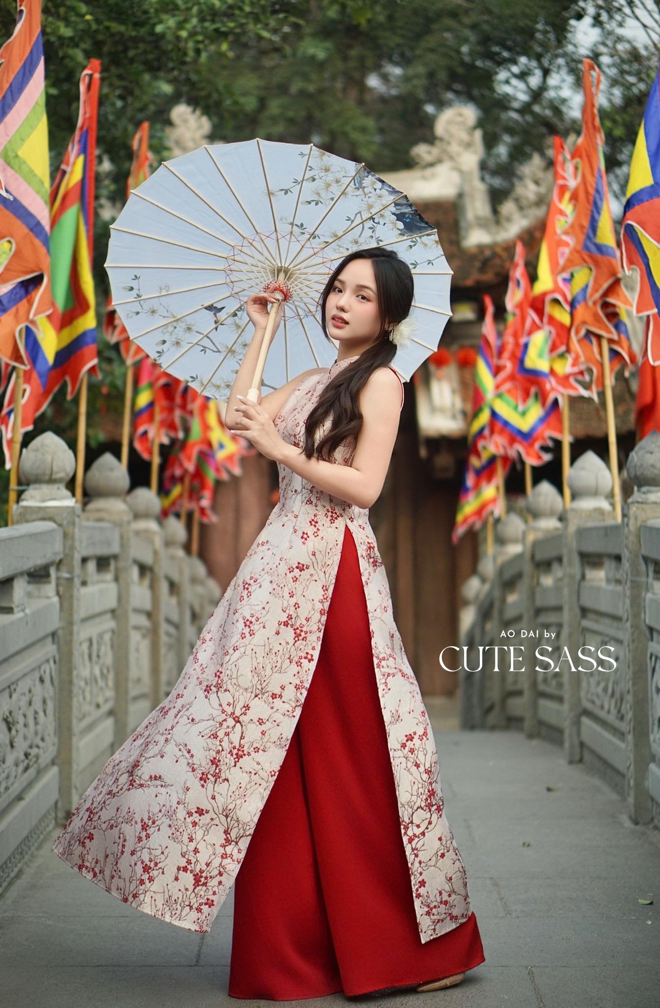 Yen - Red Ruby Sakura Yem-Inspired Ao Dai Top Only, No Pants| Pre-made Modernized Vietnamese Ao Dai| Lunar New Year AoDaibyCuteSass