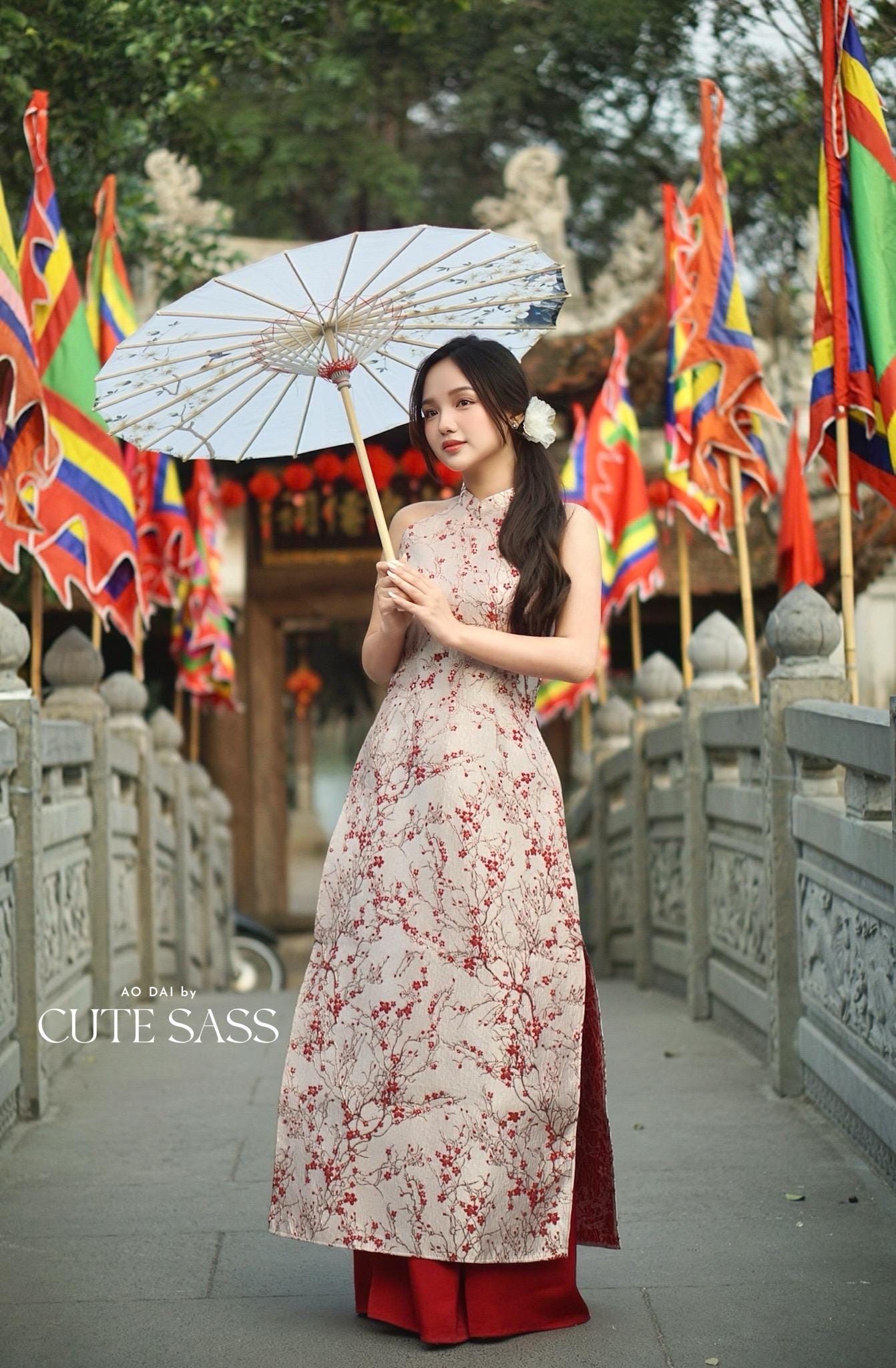 Yen - Red Ruby Sakura Yem-Inspired Ao Dai Top Only, No Pants| Pre-made Modernized Vietnamese Ao Dai| Lunar New Year AoDaibyCuteSass
