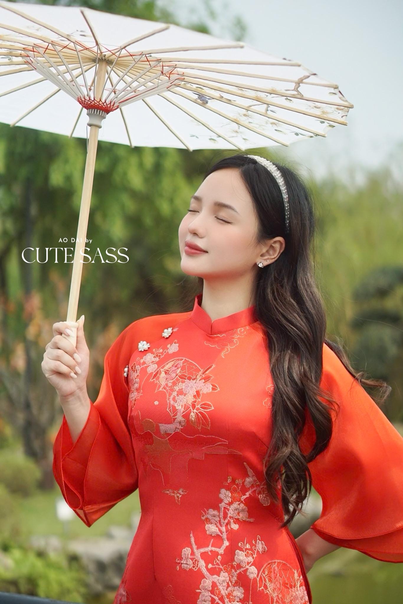 Yen - Red Heirloom Sheer Sleeves Ao Dai Top Only, No Pants| Pre-made Modernized Vietnamese Ao Dai| Lunar New Year AoDaibyCuteSass