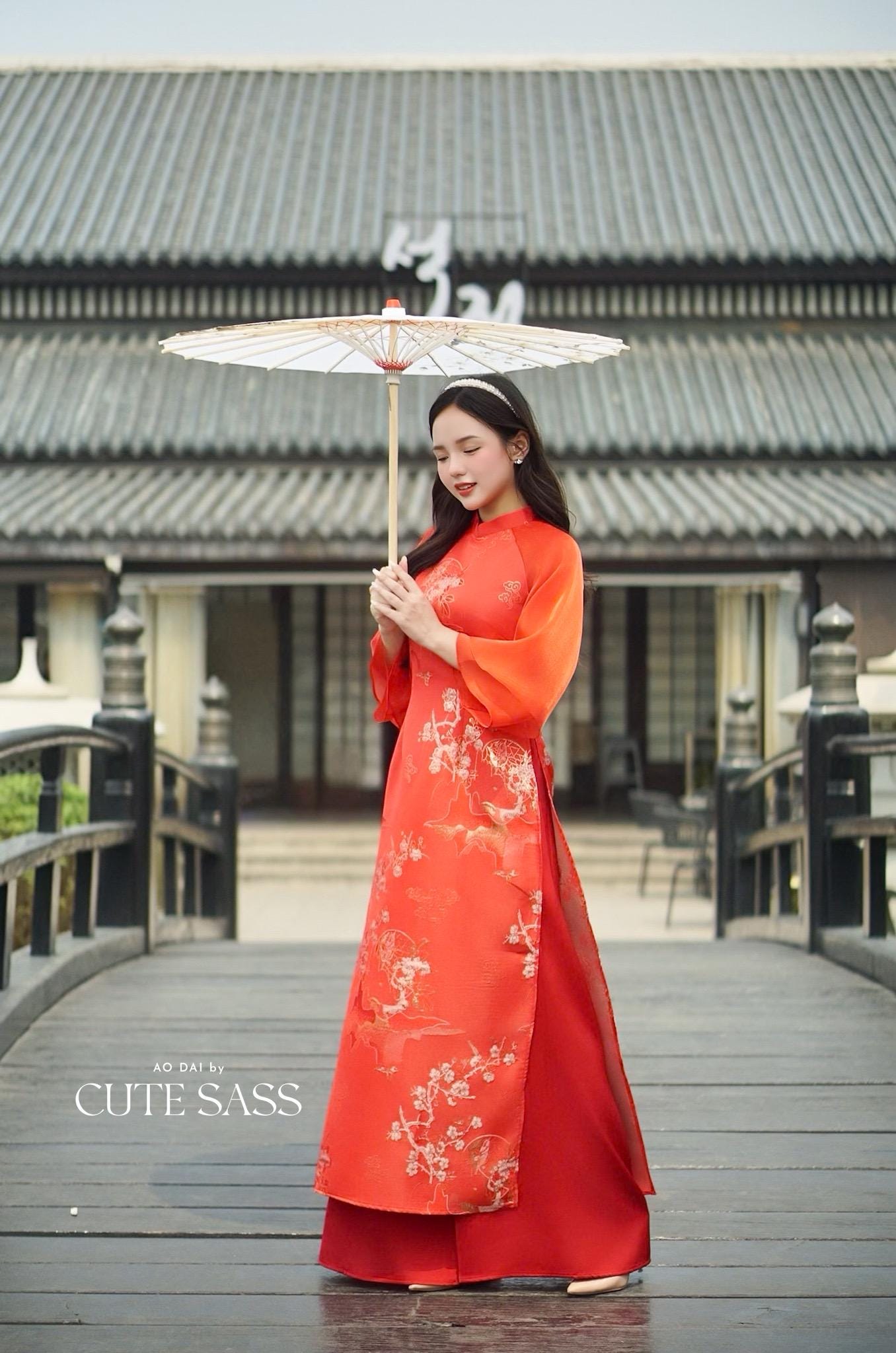 Yen - Red Heirloom Sheer Sleeves Ao Dai Top Only, No Pants| Pre-made Modernized Vietnamese Ao Dai| Lunar New Year AoDaibyCuteSass