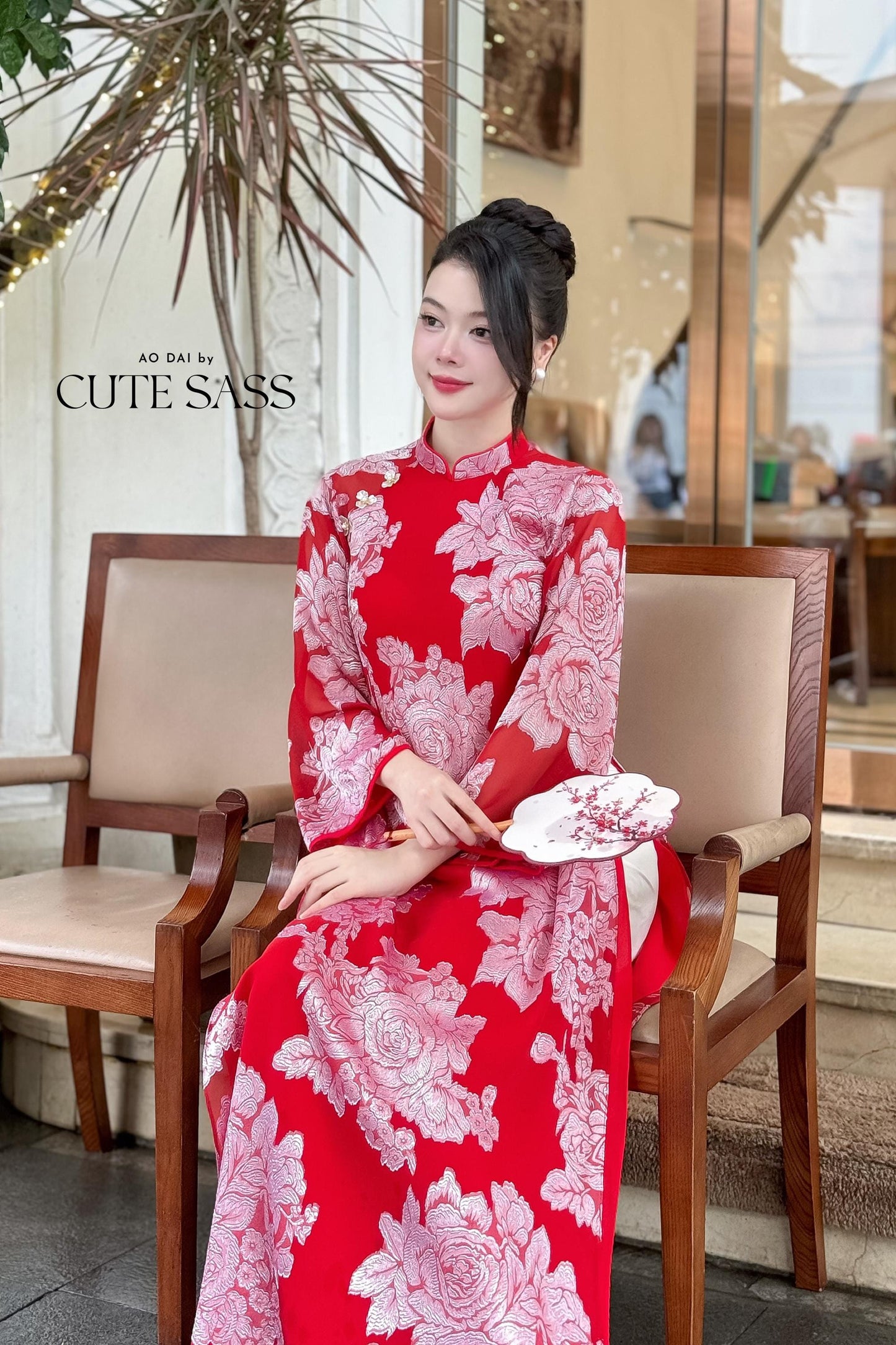 Red Shimmery Rose Chiffon Ao Dai Top Only, No Pants 29C |Pre-made Vietnamese Women Ao Dai with Pants | Lunar New Year|Ao Dai Cach Tan AoDaibyCuteSass