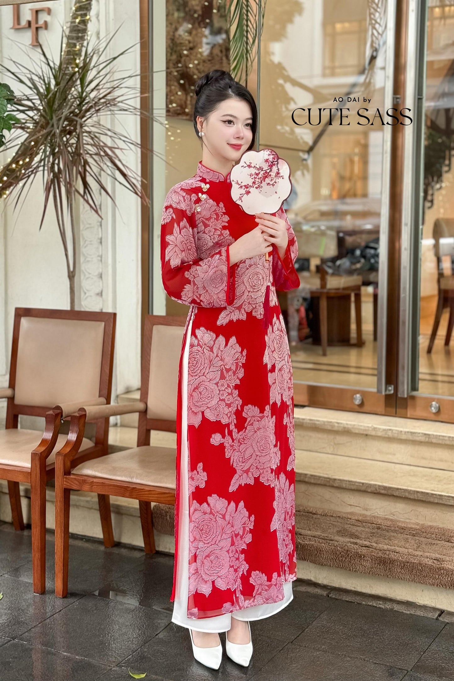Red Shimmery Rose Chiffon Ao Dai Top Only, No Pants 29C |Pre-made Vietnamese Women Ao Dai with Pants | Lunar New Year|Ao Dai Cach Tan AoDaibyCuteSass