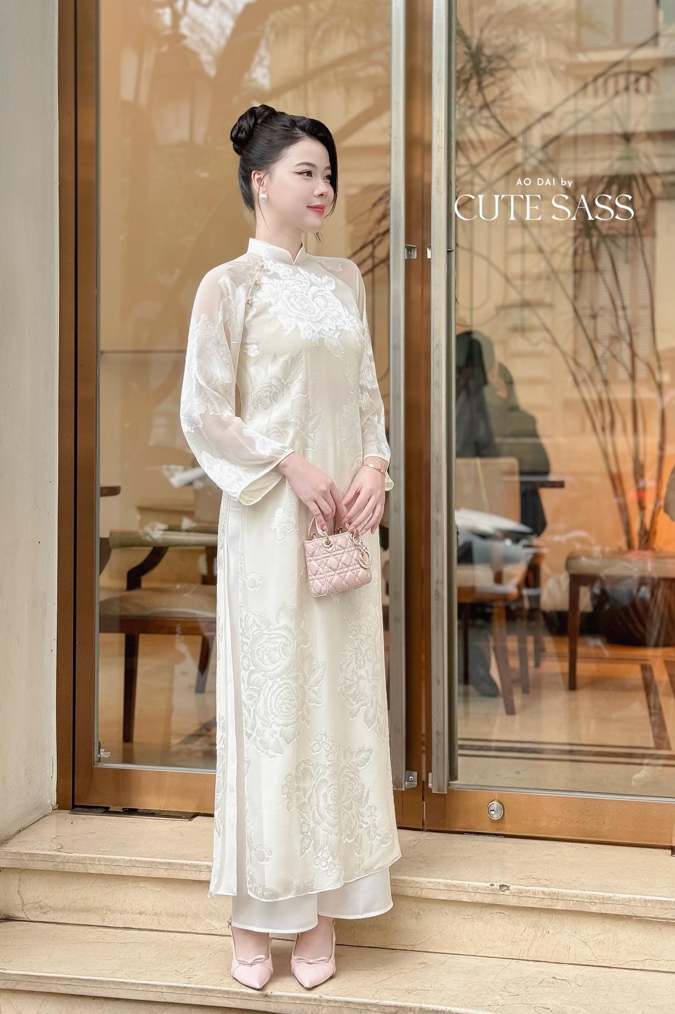 White Shimmery Rose Chiffon Ao Dai Top Only, No Pants 29D |Pre-made Vietnamese Women Ao Dai with Pants | Lunar New Year|Ao Dai Cach Tan AoDaibyCuteSass