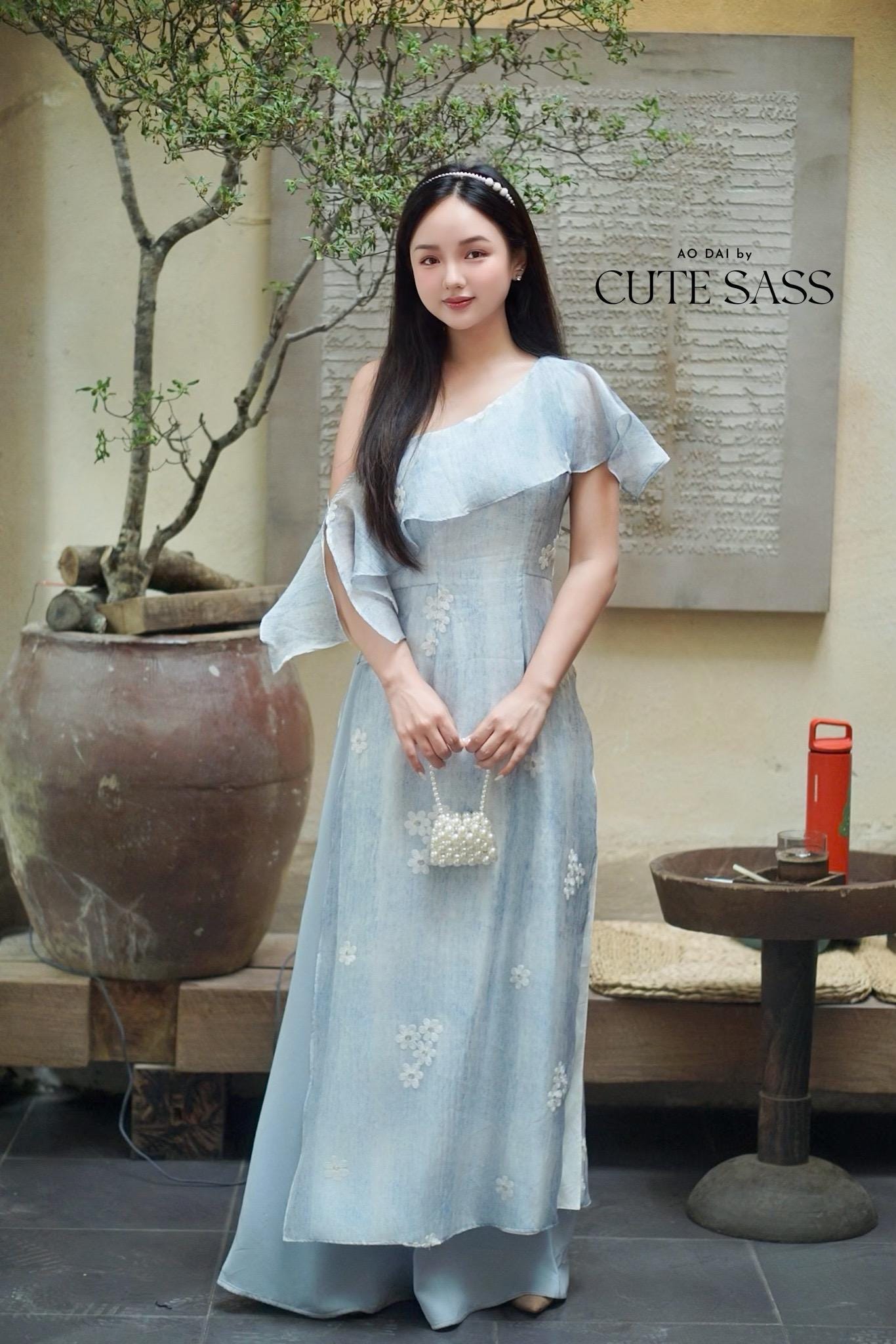 Yen - Blue Skyline Flow Off Shoulder Ao Dai Top Only, No Pants| Pre-made Modernized Vietnamese Ao Dai| Lunar New Year AoDaibyCuteSass