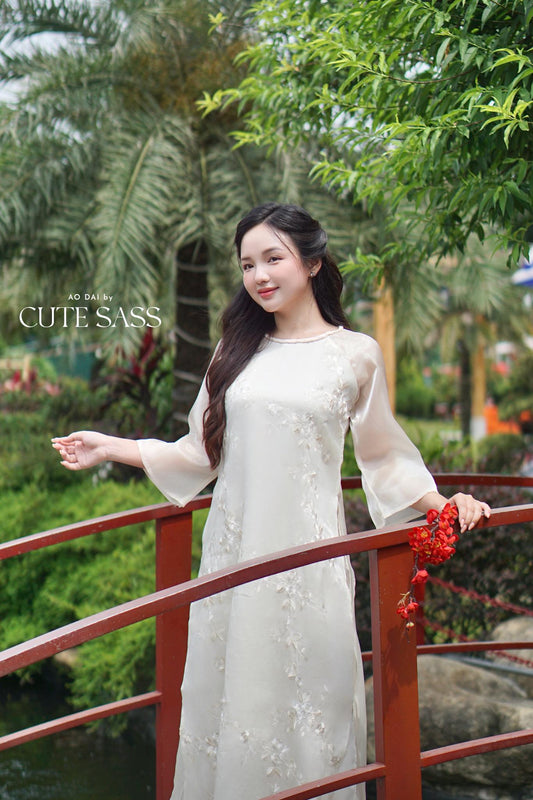 Shifted Cream Embroidery Chiffon with Braided Neckline Ao Dai Top Only, No Pants 4D|Pre-made Vietnamese Ao Dai with Pants | Lunar New Year| AoDaibyCuteSass