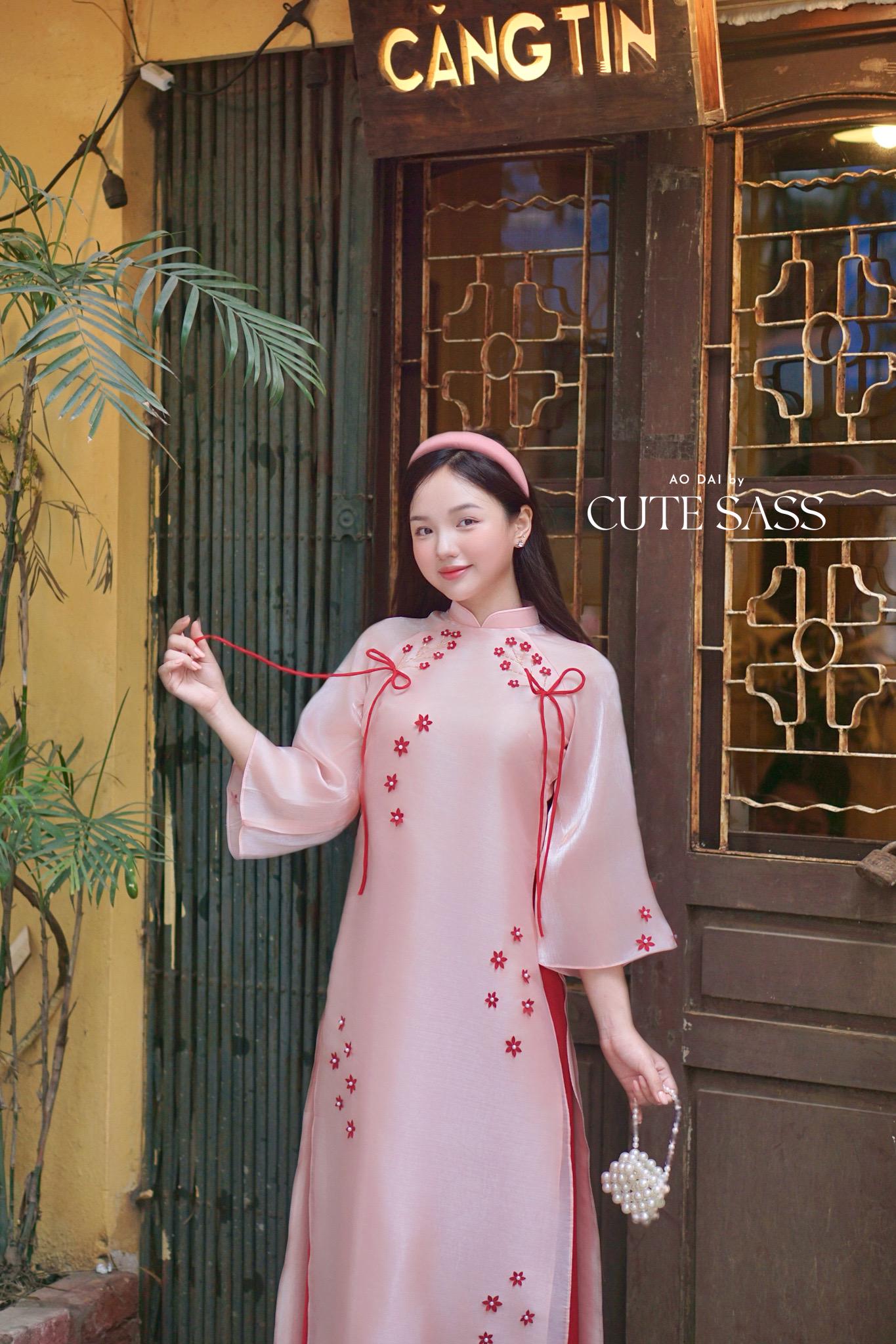 Pink with Red Flowers Bows Ao Dai Top Only, No Pants 2C|Pre-made Vietnamese Ao Dai with Pants | Lunar New Year| AoDaibyCuteSass