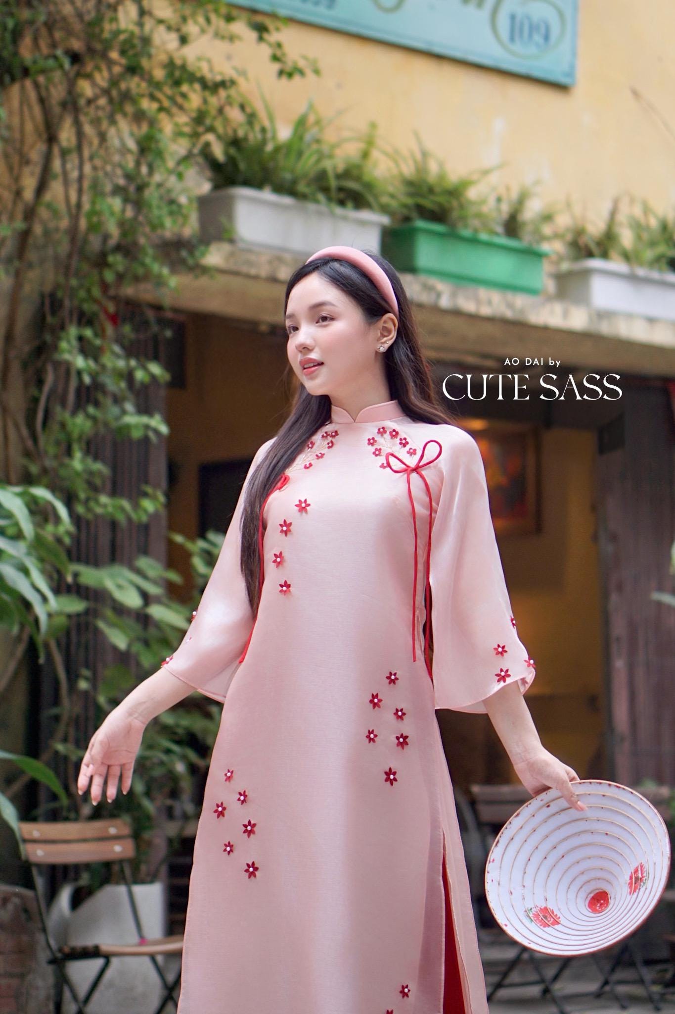 Pink with Red Flowers Bows Ao Dai Top Only, No Pants 2C|Pre-made Vietnamese Ao Dai with Pants | Lunar New Year| AoDaibyCuteSass