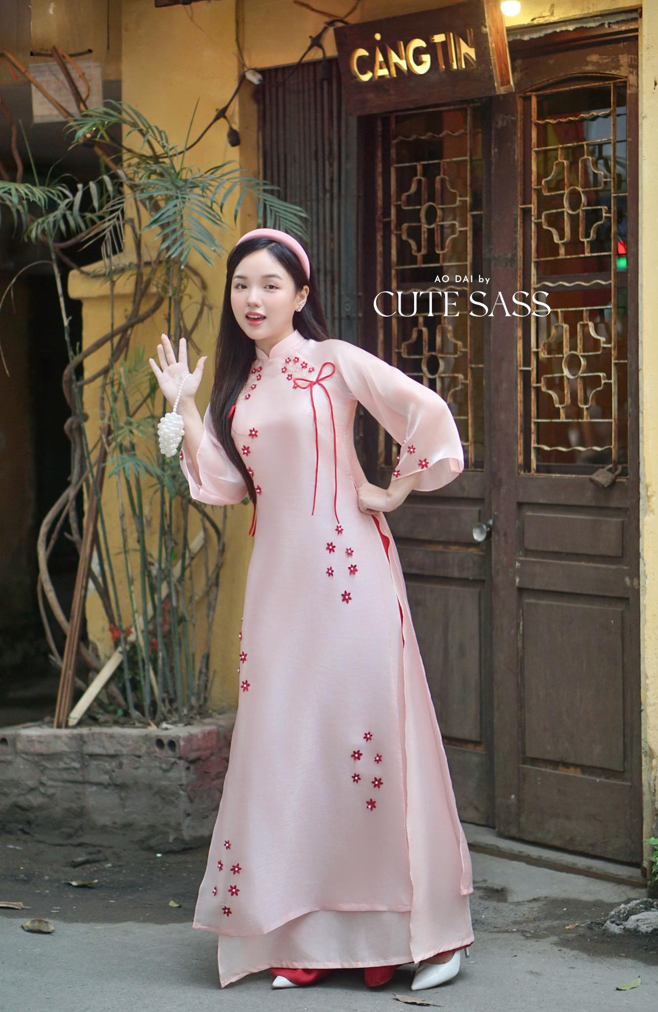 Pink with Red Flowers Bows Ao Dai Top Only, No Pants 2C|Pre-made Vietnamese Ao Dai with Pants | Lunar New Year| AoDaibyCuteSass