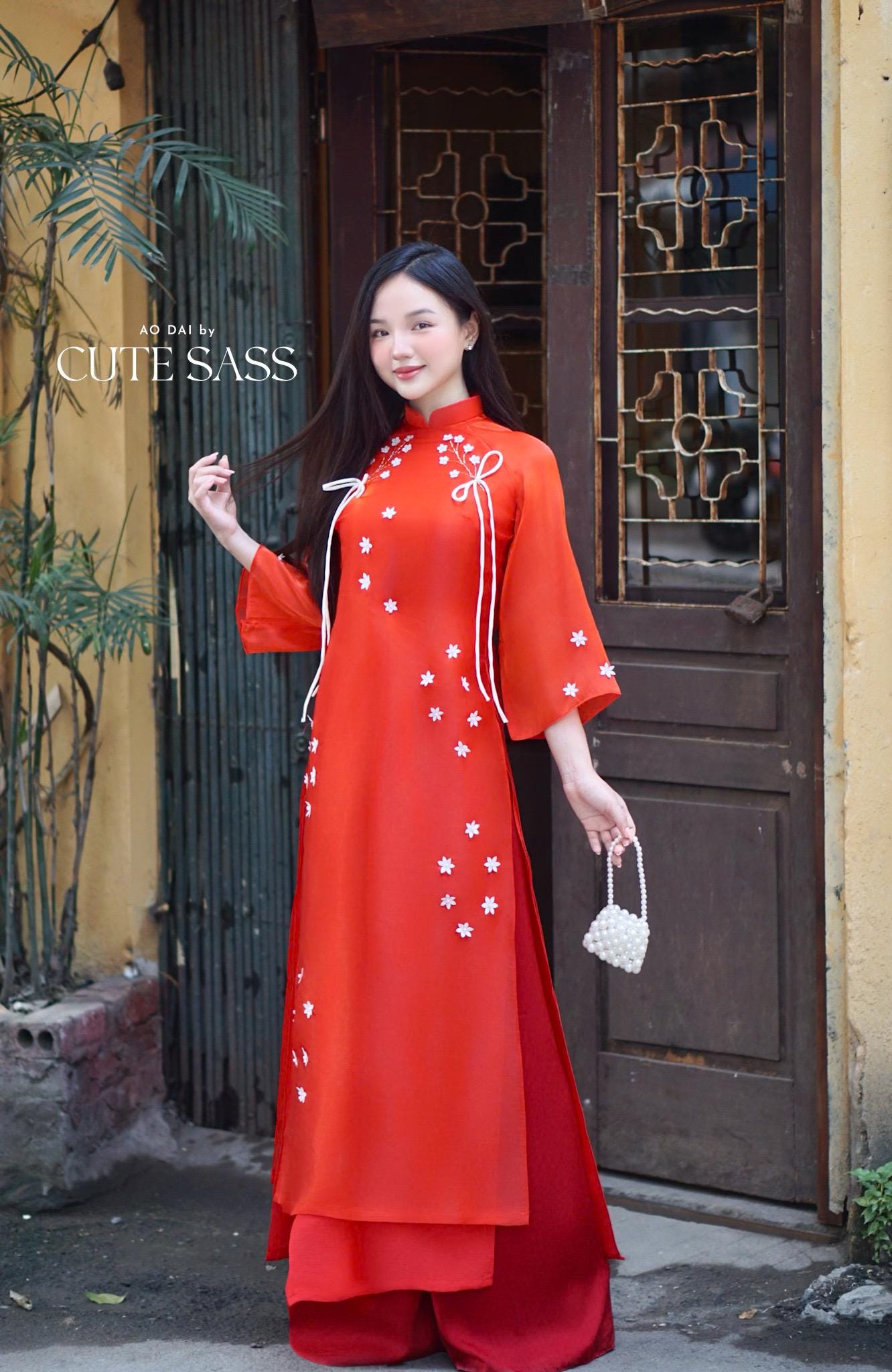 Red with White Flowers Bows Ao Dai Top Only, No Pants 4A|Pre-made Vietnamese Ao Dai with Pants | Lunar New Year| AoDaibyCuteSass