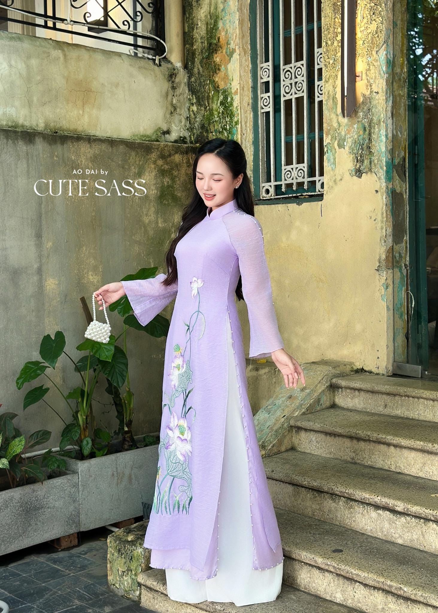 Purple Lotus with Pearls Slit Sleeves Ao Dai Top Only, No Pants 34A|Pre-made Vietnamese Ao Dai with Pants | Lunar New Year| AoDaibyCuteSass