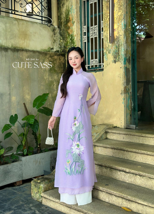 Purple Lotus with Pearls Slit Sleeves Ao Dai Top Only, No Pants 34A|Pre-made Vietnamese Ao Dai with Pants | Lunar New Year| AoDaibyCuteSass